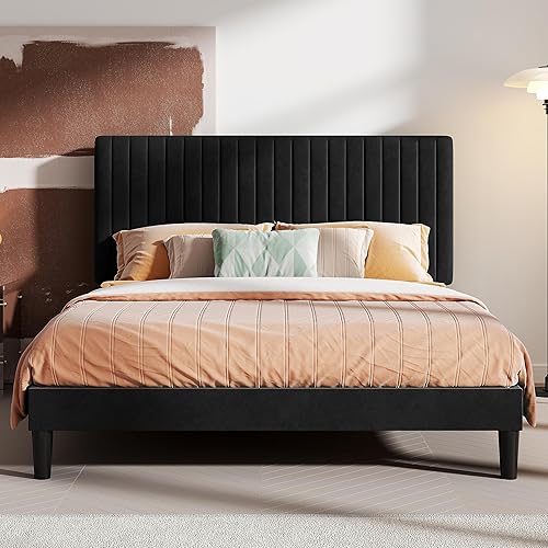 HOOMIC Base de cama de plataforma de tamaño matrimonial, cama tapizada de terciopelo moderno con cabecera capitoné de canal vertical ajustable,