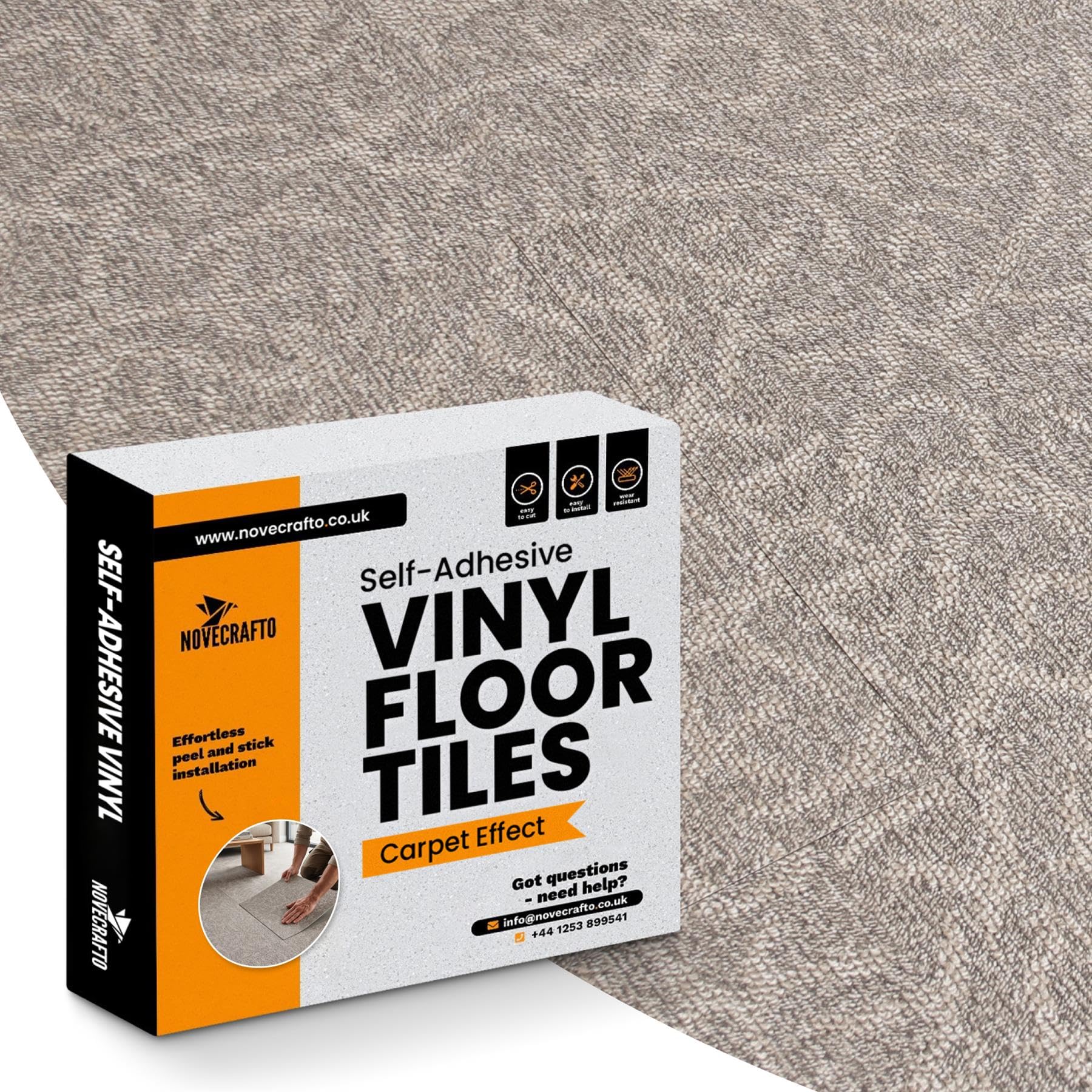 NOVECRAFTO Vinyl Floor Tiles Self-Adhesive – 60 Pack, 45 x 45cm (12.54m² Coverage) Carpet Effect Peel & Stick Floor Tiles – Easy to Clean Durable Vinyl Flooring for Kitchen, Living Room & Office