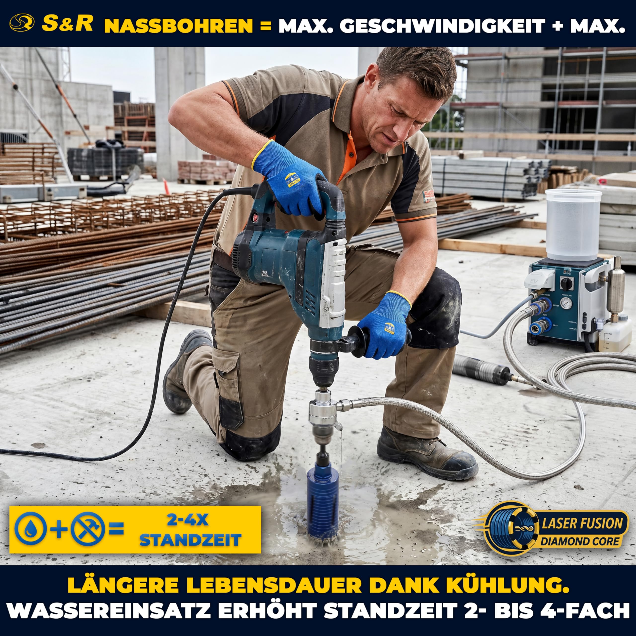 S&R Diamentowa koronka wiertnicza 72 mm, wiertło rdzeniowe M22, długość 200 mm, segment 10 mm, wiertło centrujące, adapter SDS-plus, koronka wiertnicza na sucho, diamentowa koronka wiertnicza do