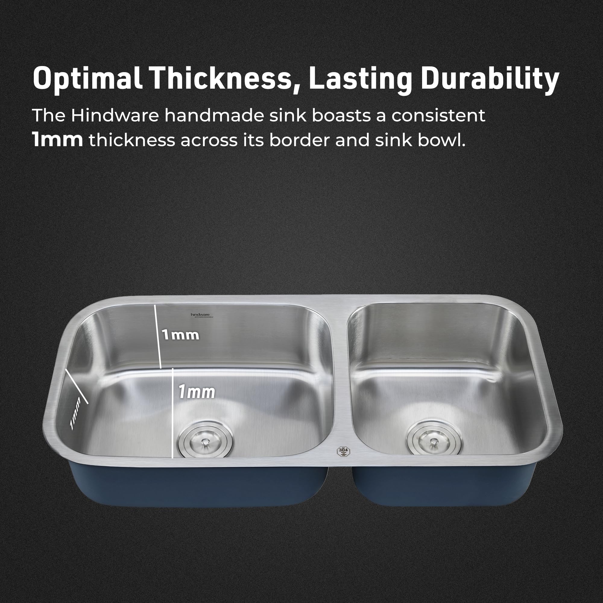 Hindware Kitchen Sink 37"x18"x8"| 304 Grade Stainless Steel | Pressed Double Bowl Sink with Waste Coupling | 25 Yrs Warranty on Product by Brand (Imperio UM, Matt) 4