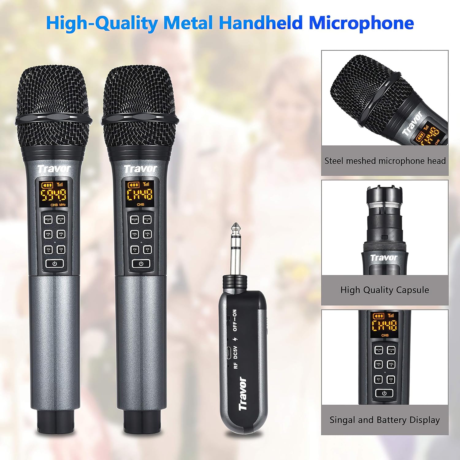 Weekly Top Sale Travor UHF Dual Wireless Handheld Dynamic Microphone with Adjustable Echo, Volume, Channel, Rechargeable Receiver for Karaoke Singing, Wedding, Amplifier, Speech, Party, 164 ft