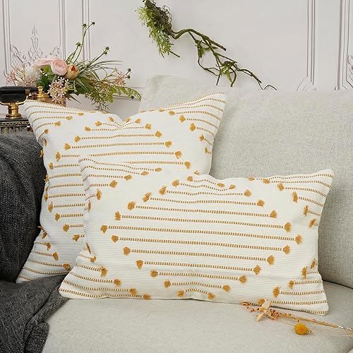 Miniatura 5 de YOUR SMILE Juego de 2 fundas de cojín de punto bohemio con borlas y borlas decorativas para interiores y exteriores, para sofá, sala de estar, 18 x