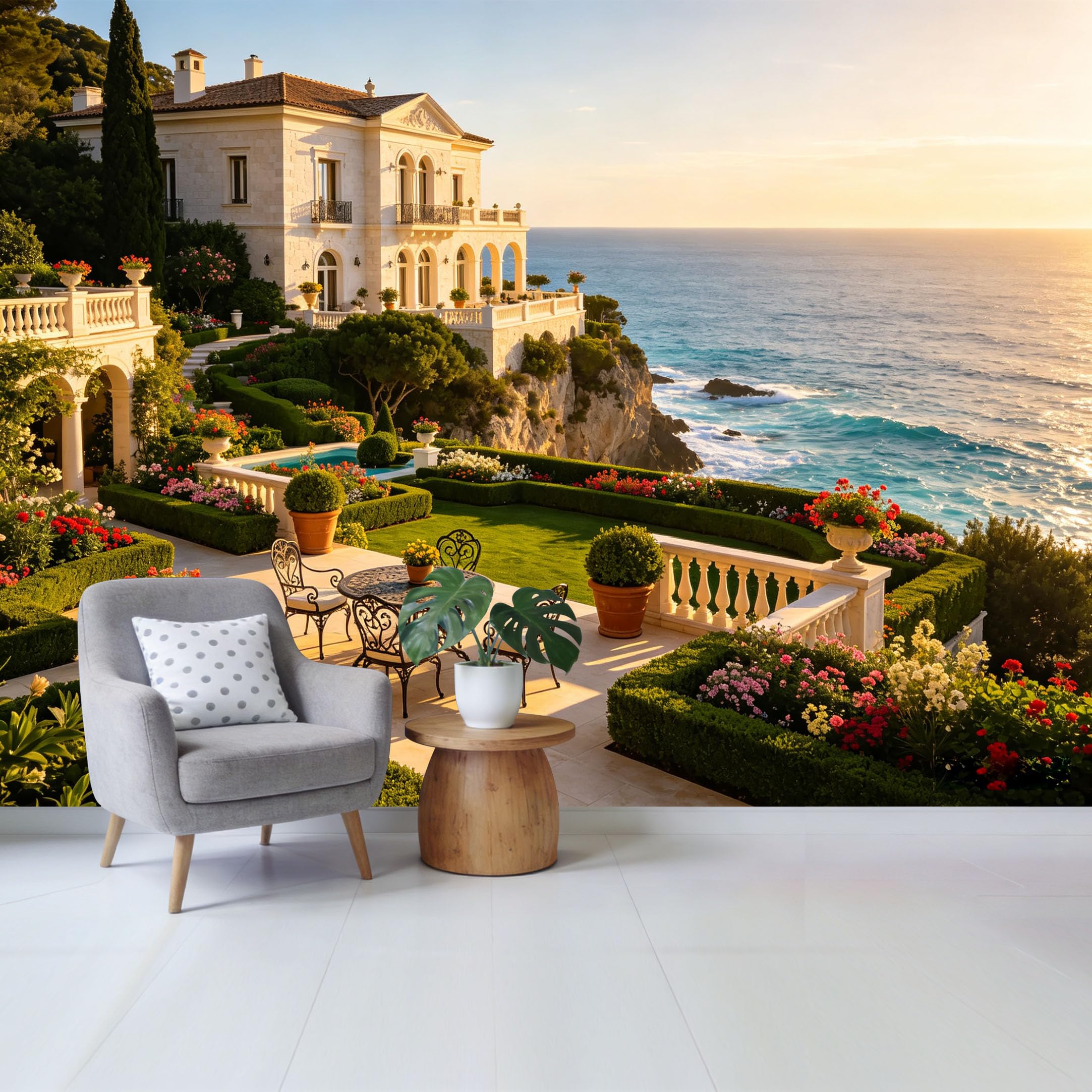 Custom Size Wall Mural Mediterranean Coastal Villa Ocean View Garden Scenery SelfAdhesive Wall Fabric Removable Wallpaper for Home Office Decor