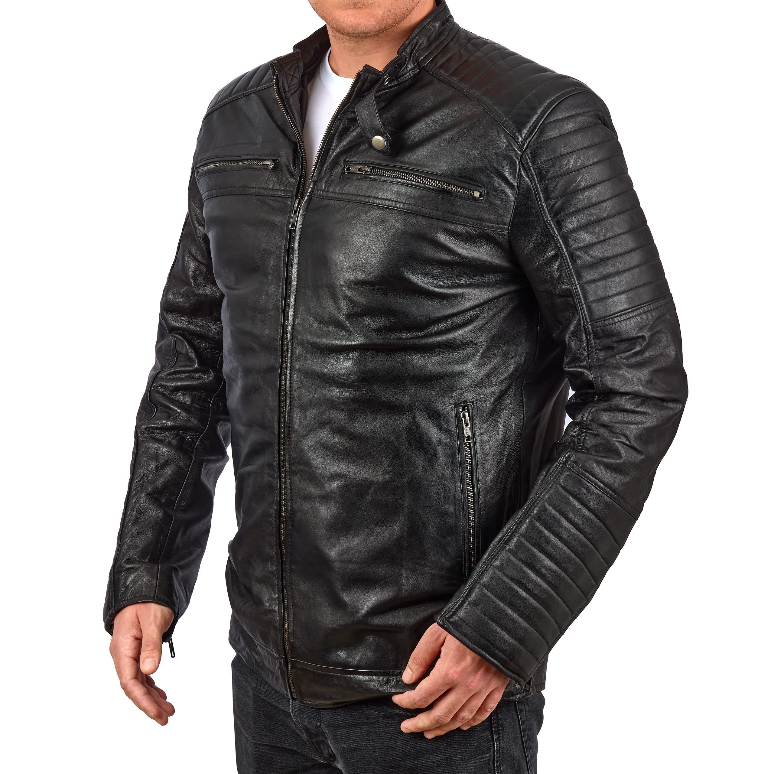 FAPA Herren Lederjacke Echtleder – Bikerjacke mit Stehkragen, Motorrad- & Freizeitjacke für Männer, Übergangsjacke Schwarz Braun Grau