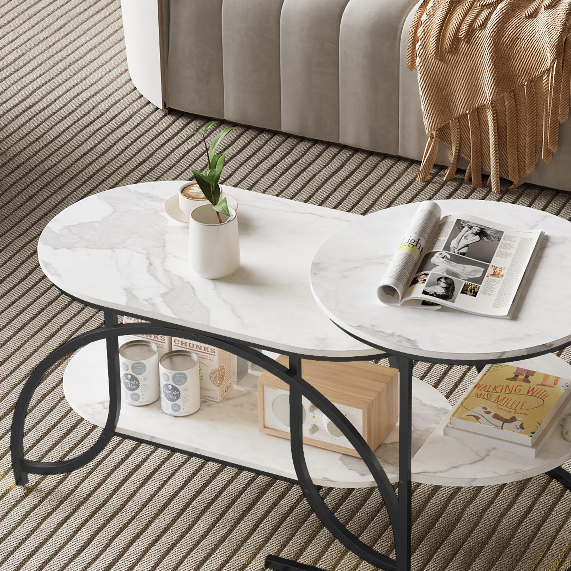 KeepGoon Table Basse Ronde avec Rangement, Tables Basses de Salon Moderne à encastrer empilable, Tables gigognes de Salon latérale en marbre plaqué, Table de Canapé avec Cadre Métallique Robuste