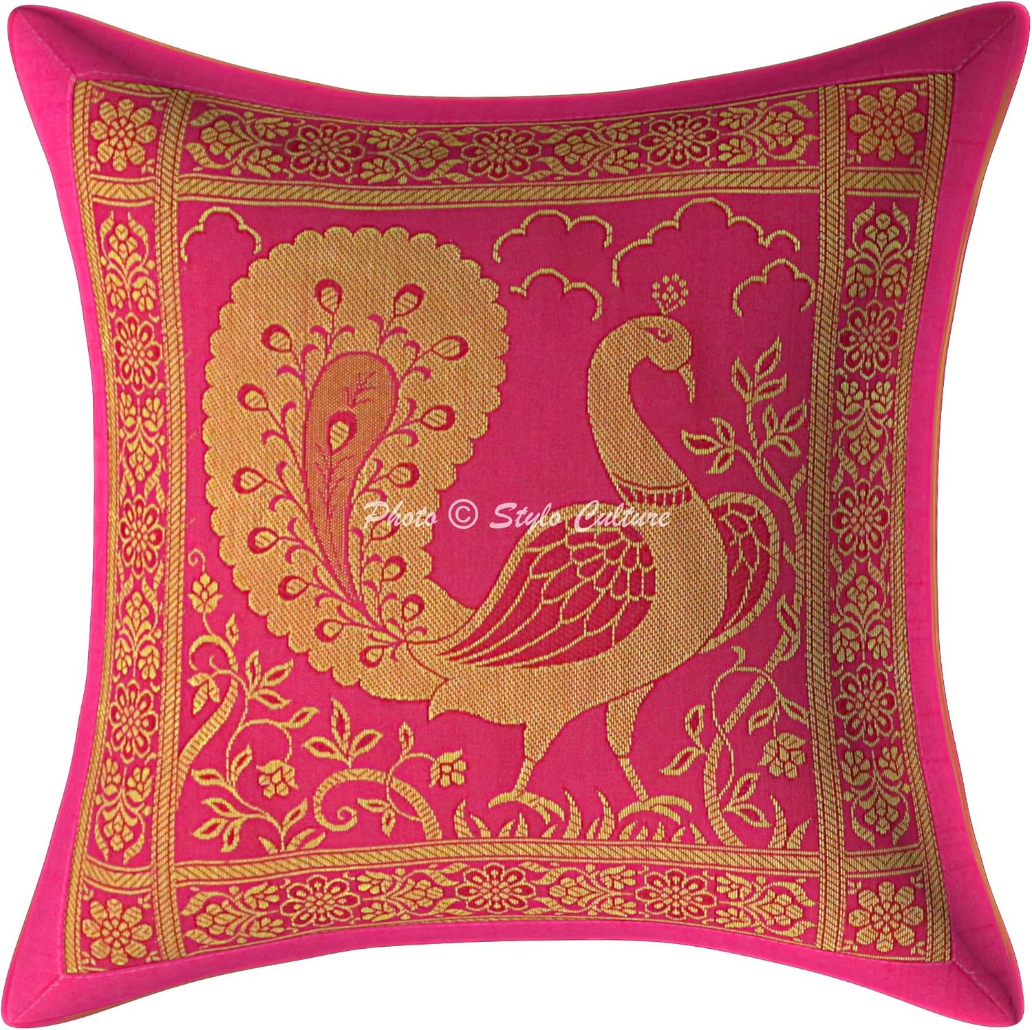 Indian Decorative Sofa Couch Accent Throw Pillow Covers 30x30 cm Brocade Living Room Magenta Peacock Jacquard Square Luxury Zippered Ethnic 12x12 Inch Cushion Covers - 5 Pcs