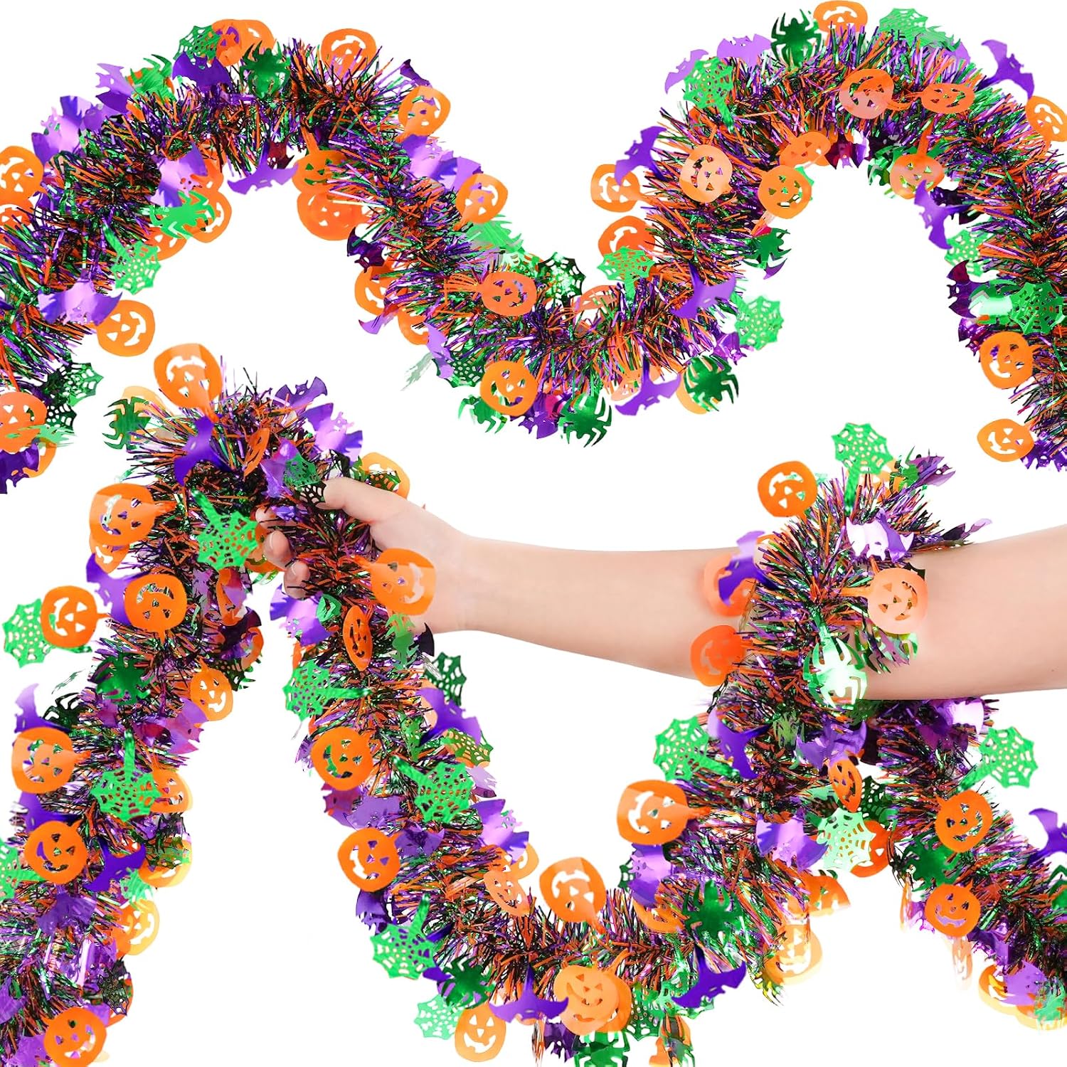 50FT Halloween Tinsel Garland for Halloween Party Decorations | Shiny Metallic Twist Halloween Garland with Pumpkin Bat Spider, Orange Garlands for Mantle Stairs Tree Golf Cart Home Decor