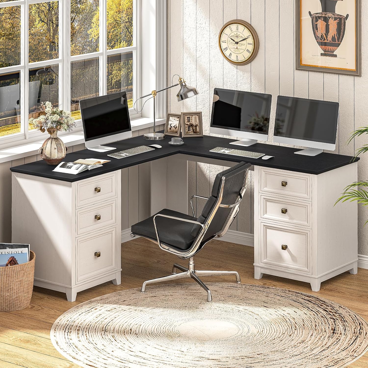 Vabches Farmhouse L Shaped Executive Desk with 6 Drawers, 59’’ Wood Home Office Desk with File Cabinet, Writing Corner Computer Desk for Home Office, Work, Study, White and Black