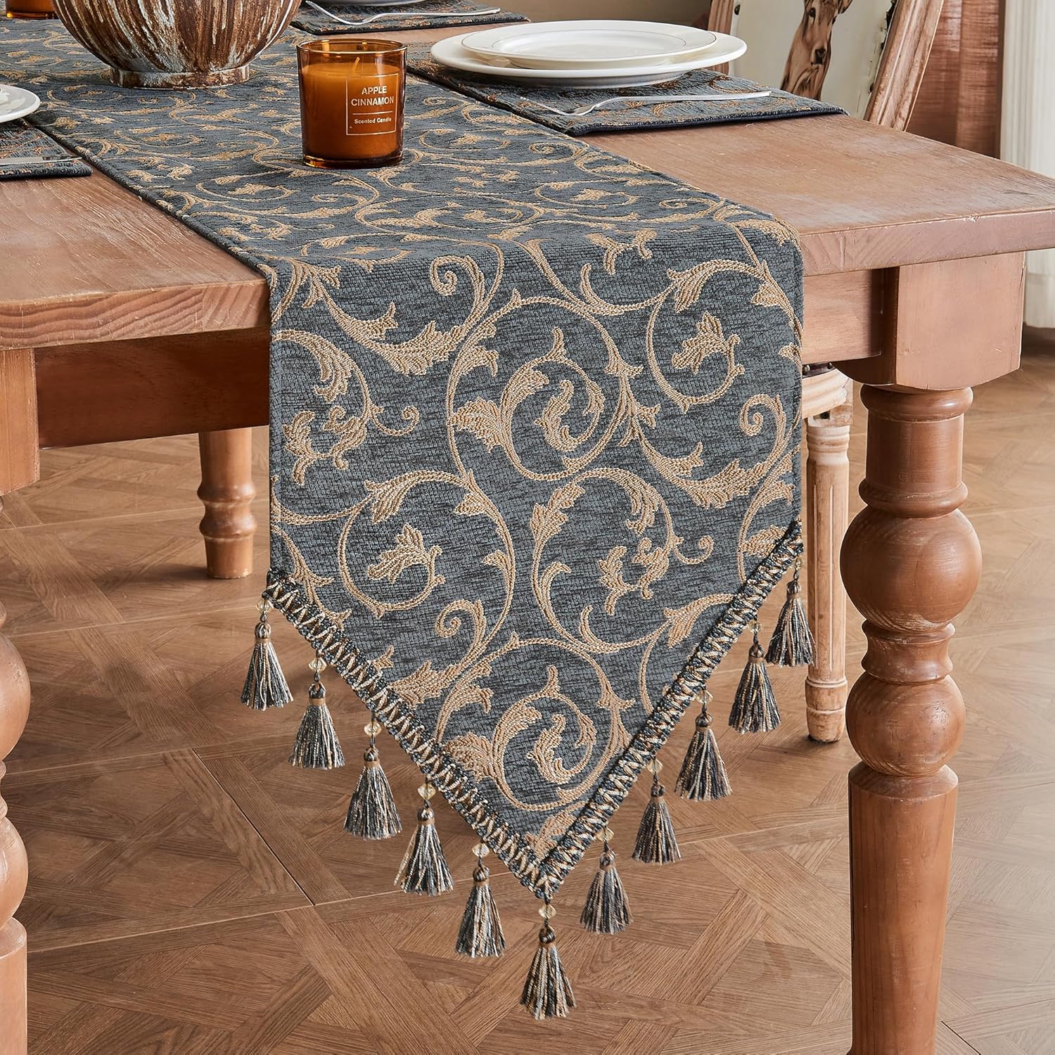 Loom and Mill Elegant Damask Table Runner 72 inches Long, Classic Acanthus Chenille Jacquard Table Runners with Tassels for Dining Room Dresser Party Banquet Decoration (Blue-Grey+Khaki,13x72 inch)