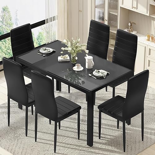 Miniatura 3 de DKLGG Juego de mesa de comedor para 6 personas con sillas, juego de 6 sillas de cocina de cristal moderno, juego de comedor de 7 piezas que ahorra