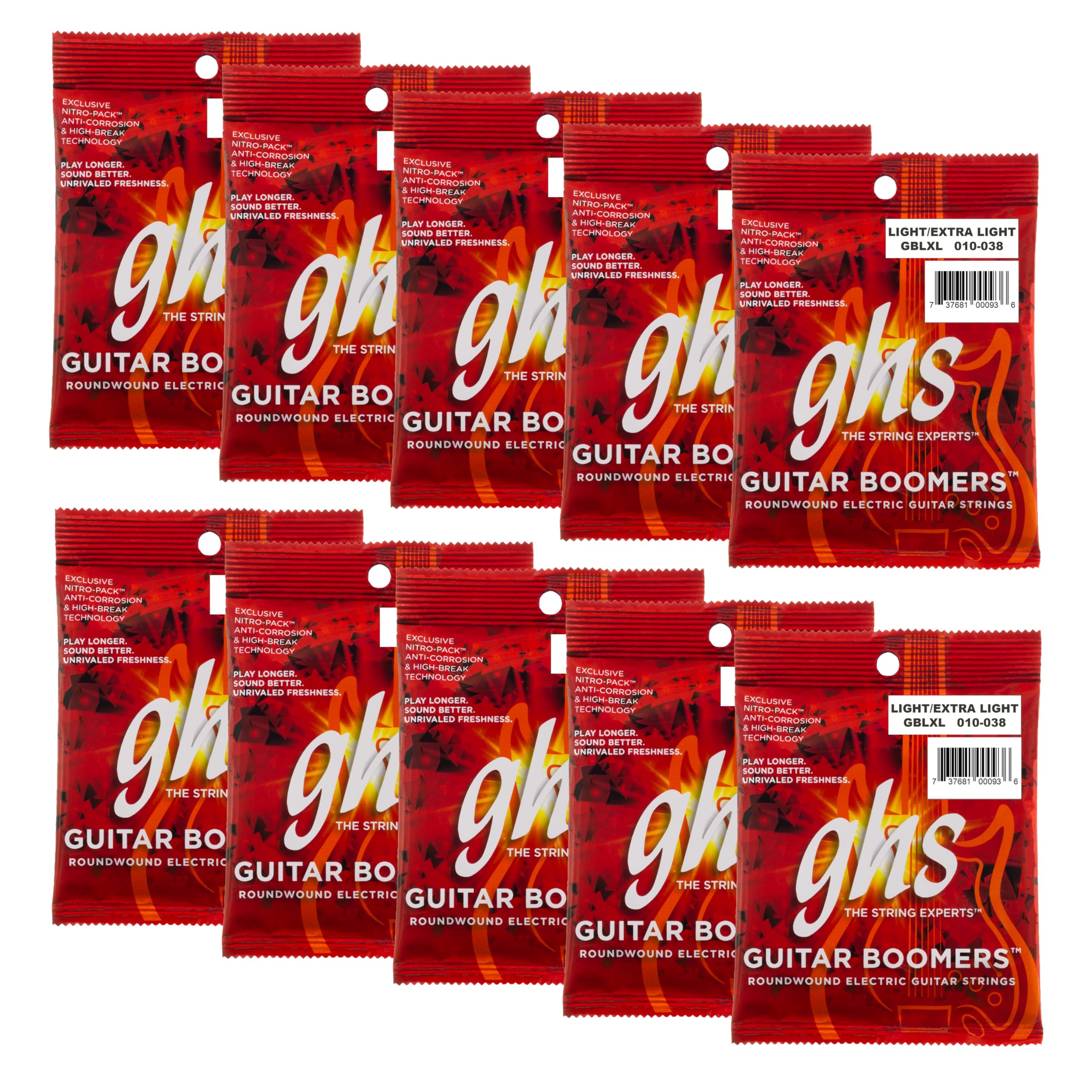 GHS GBLXL Struny Guitar Boomers, zestaw 10 szt., struny gitarowe, niklowane struny do gitary elektrycznej, lekkie, bardzo lekkie (010-038)