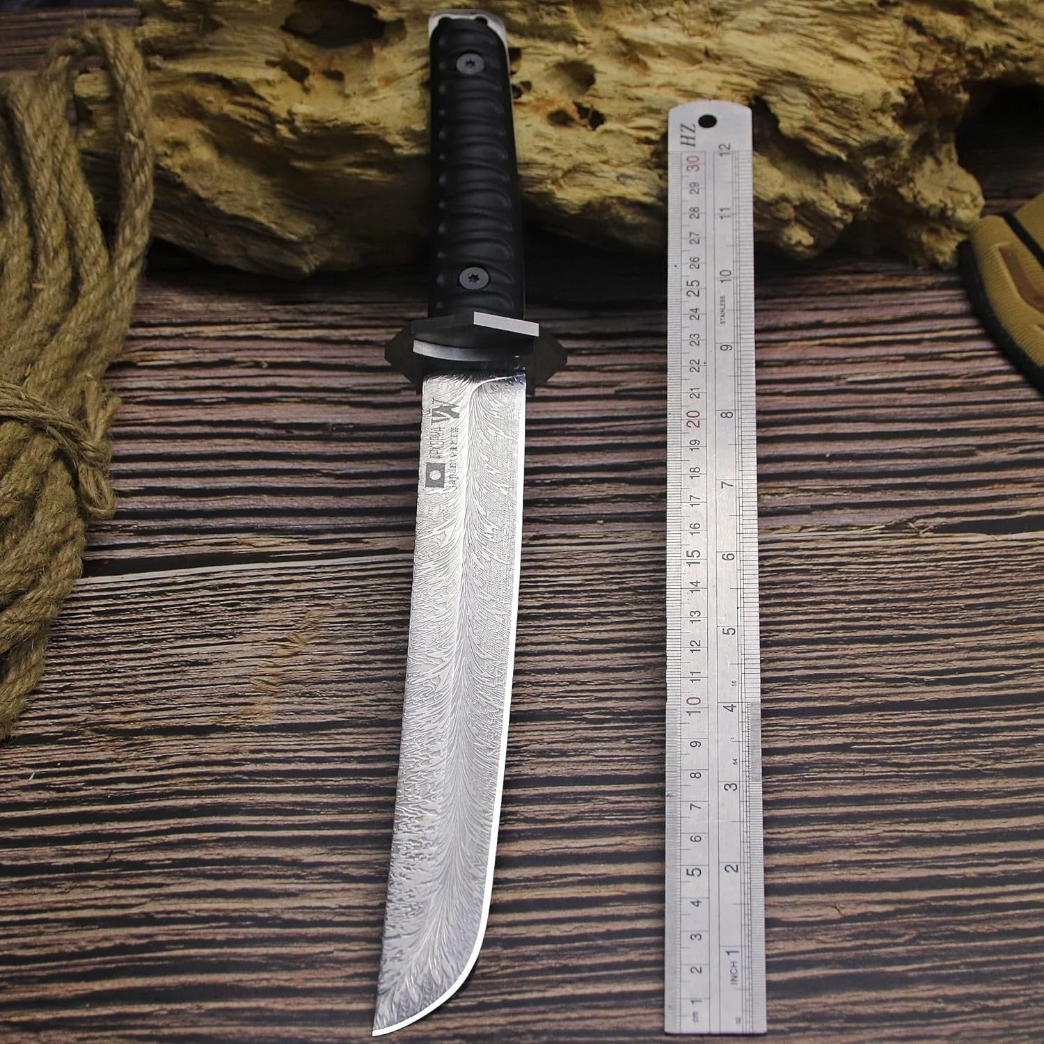 WPKOPYA japans Fixed Blade Hunting Knife 14.4” Full Tang AUS-10 Steel, Samurai Style Tactical Bowie Knife,For outdoor survival, fishing, rescue, travel, EDC