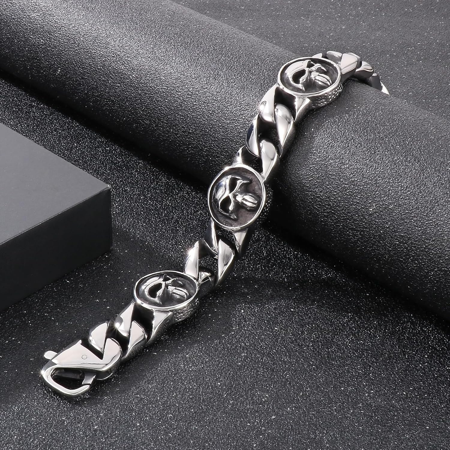 Stainless Steel Gothic Skull Bracelet for Men and Women Rock Biker Skull Linked Chunky Chain Bangle with Lobster Clasps Polished Gift for Him - Image 2