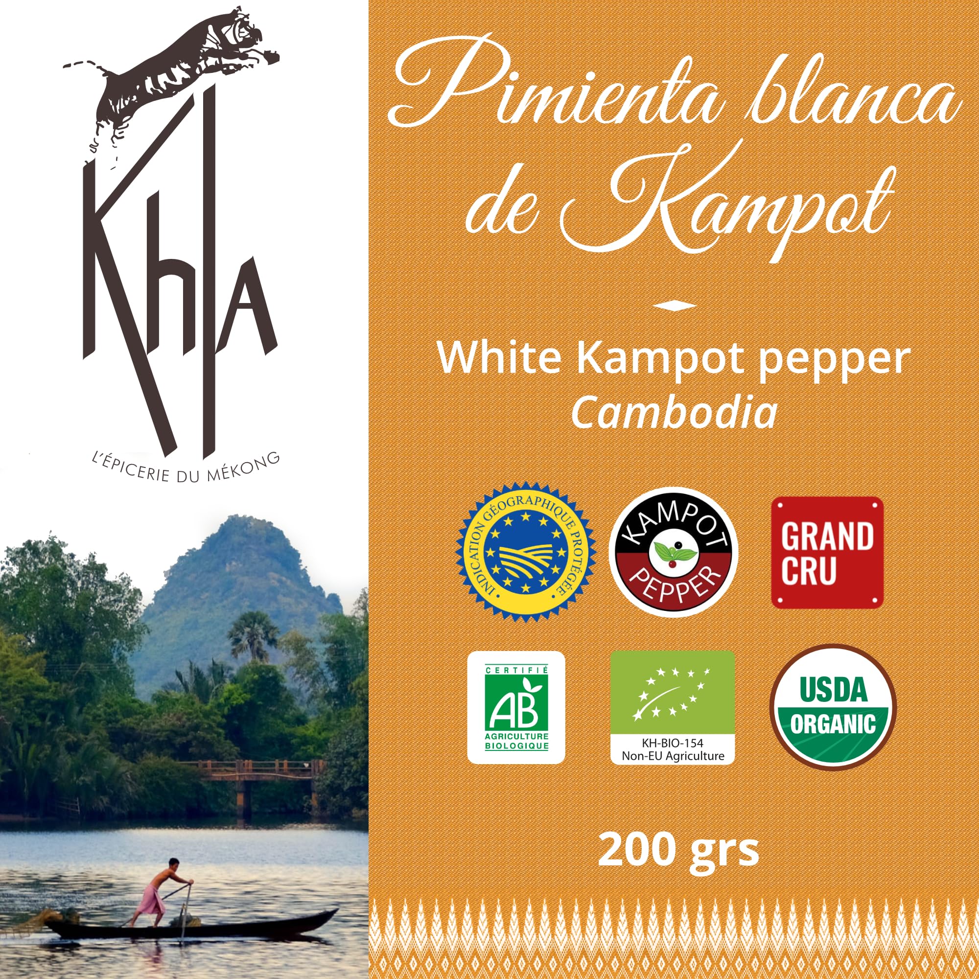 Khla - Pimienta Blanca de Kampot Orgánica 200g - Pimienta en Grano - Fuerte y Potente - Ingrediente de Cocina - Directo del Productor - Especia Asiática - Origen Camboya