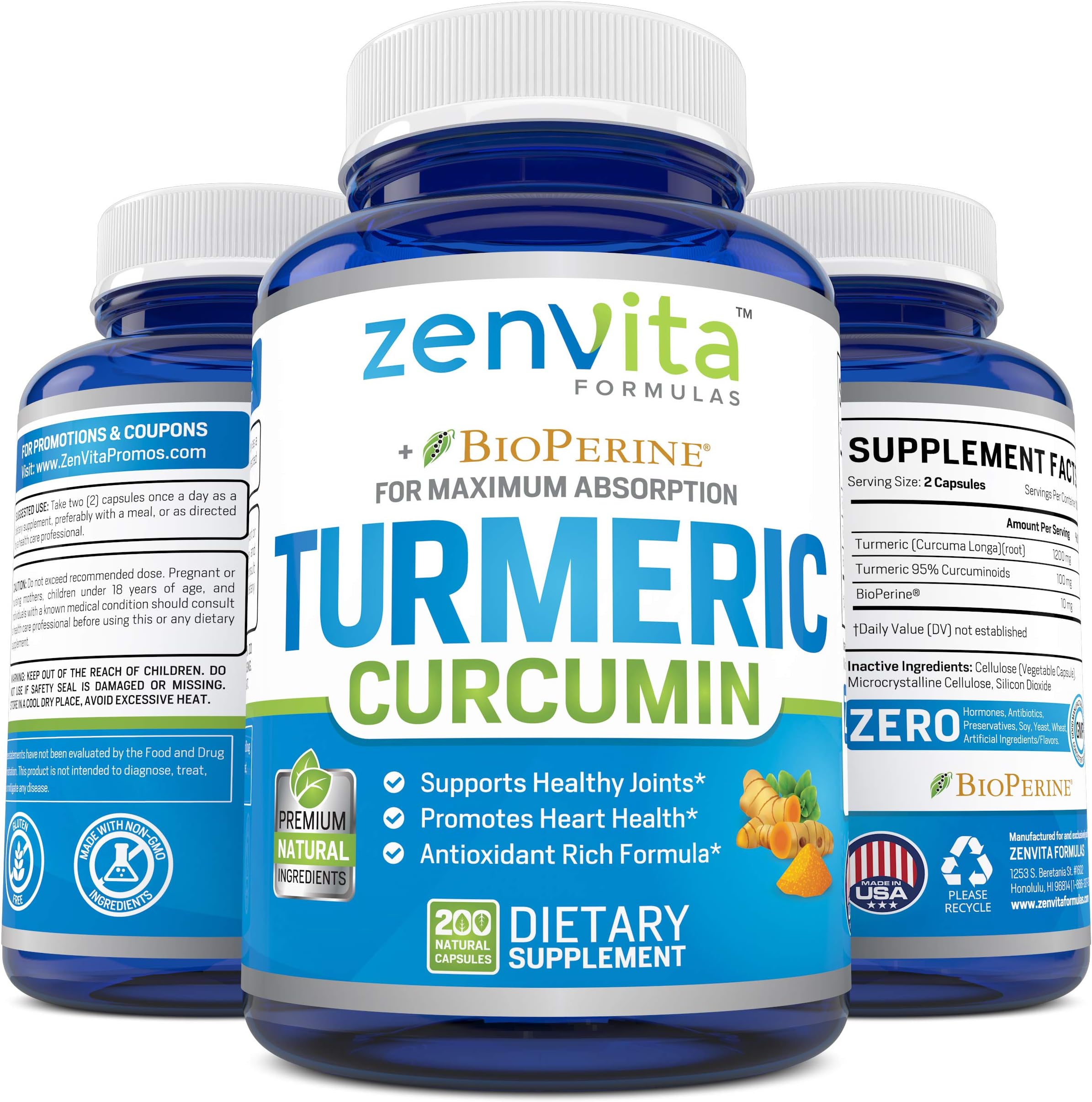 Turmeric Curcumin 200 Capsules w/Bioperine & 95% Curcuminoids, 1300 mg, Non-GMO & Gluten Free, 100% Natural Premium Extract, Support Joint & Immune System