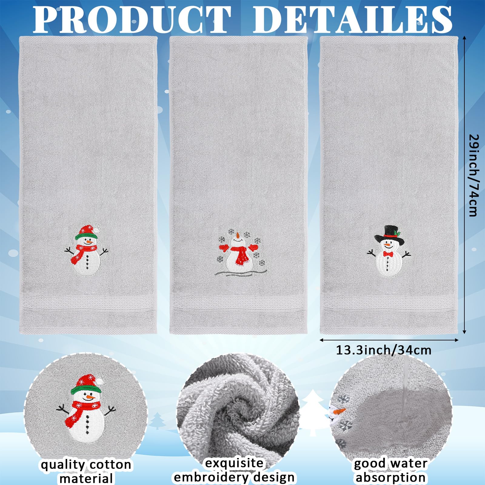 SmoothNovelty 3 asciugamani natalizi con pupazzo di neve per il bagno, in cotone, ricamati, con pupazzo di neve, 33,8 x 74,9 cm, per bagno, doccia, decorazione natalizia per l'inaugurazione della casa