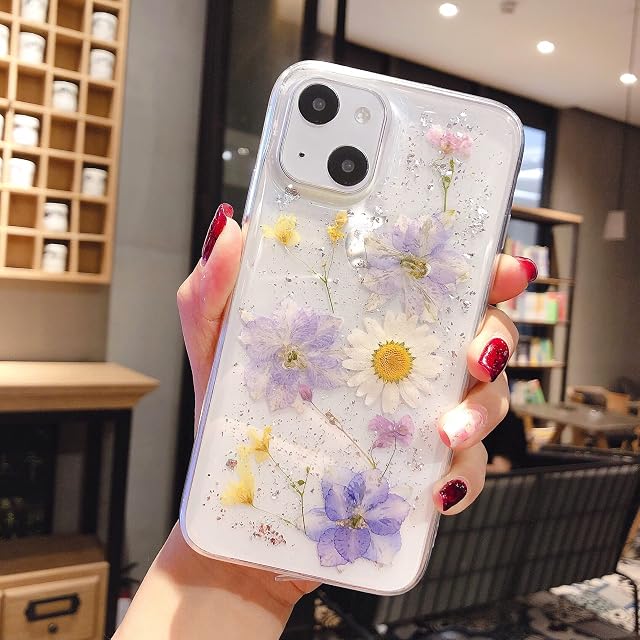 EYZUTAK Case for iPhone 14/iPhone 13, Bling Glitter Sequin Handmade Real Dried Flower Leaf Embedded Pressed Floral Flexible Slim Soft Rubber TPU Protective Back Cover - Light Blue