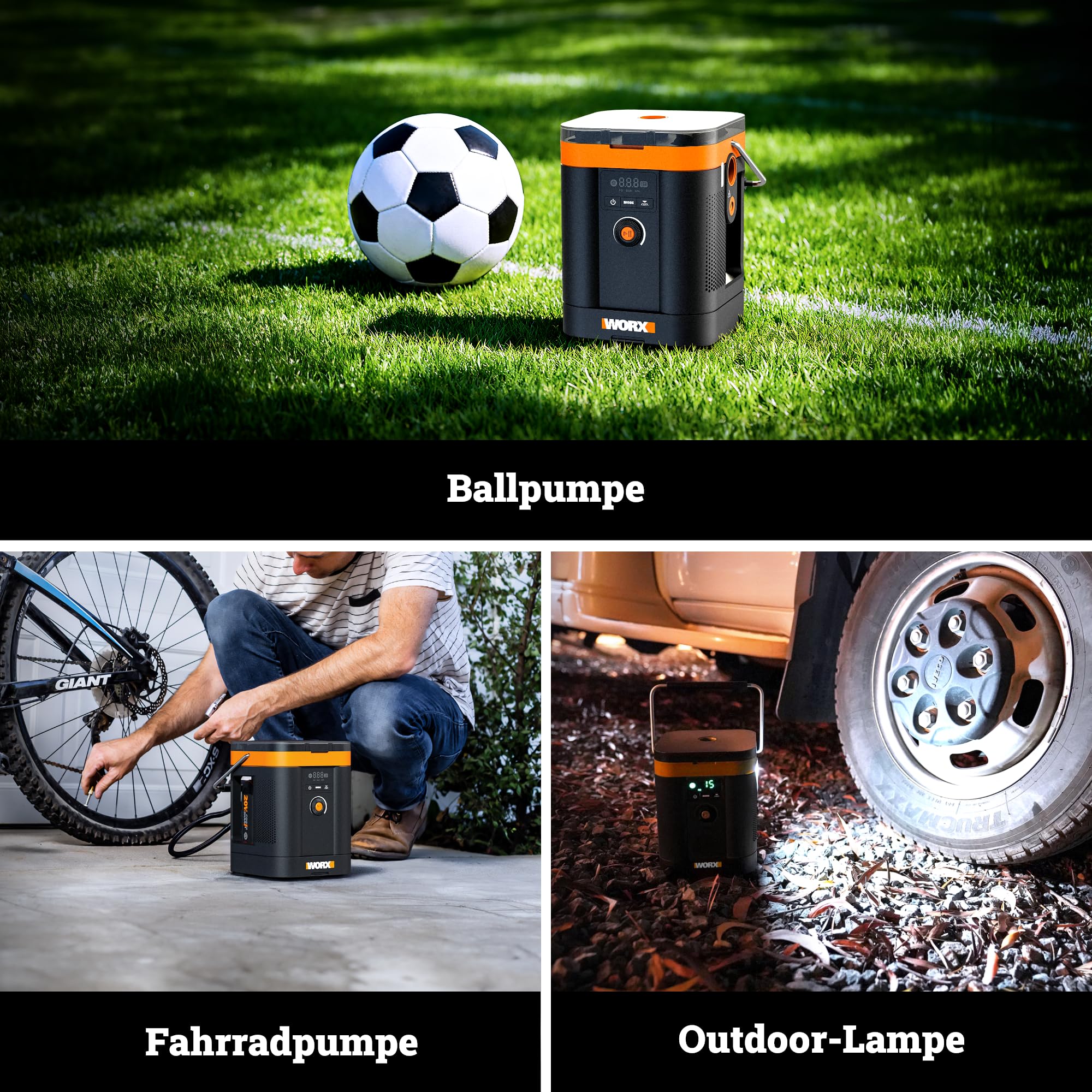 WORX WX098.9 Akku-Kompressor 20V, Multifunktions-Luftpumpe mit Hochdruck & Hochvolumen, Digitaldisplay, LED-Licht, max. 10,3 bar / 150 PSI, PowerShare kompatibel, ohne Akku & Ladegerät