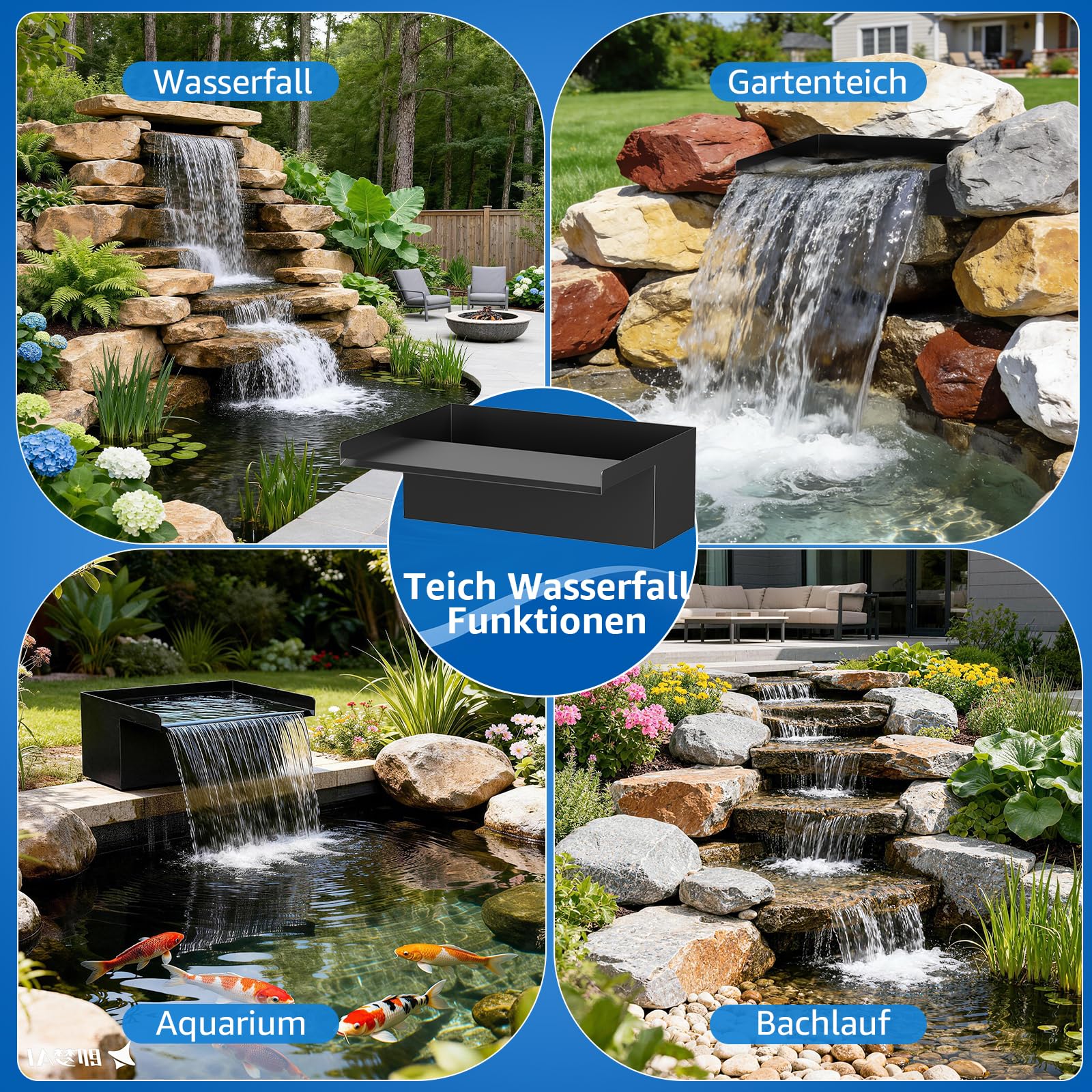30 cm Teichwasserfall-Set: 304 Edelstahl Wasserfall-Überlauf-Set mit 2500L/H Pumpe, 3 m Frostsicherem Schlauch & 5 m Kabel - Komplettes Wasserfall-Brunnen-Set für Garten & Pool