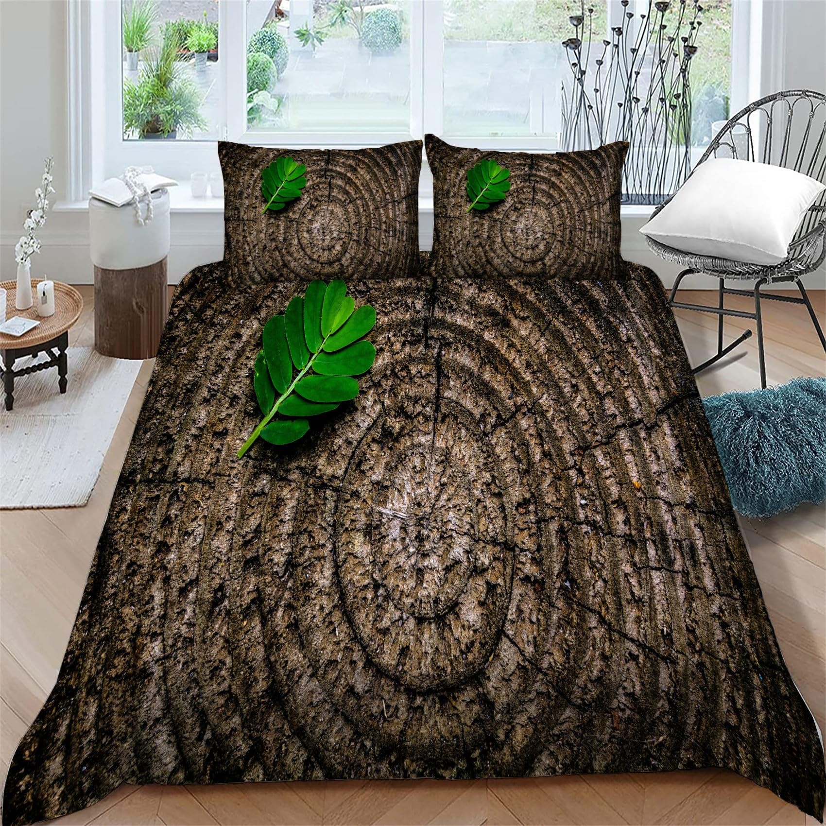 Housse de couette 220x240 feuilles vertes avec 2 taies d'oreiller