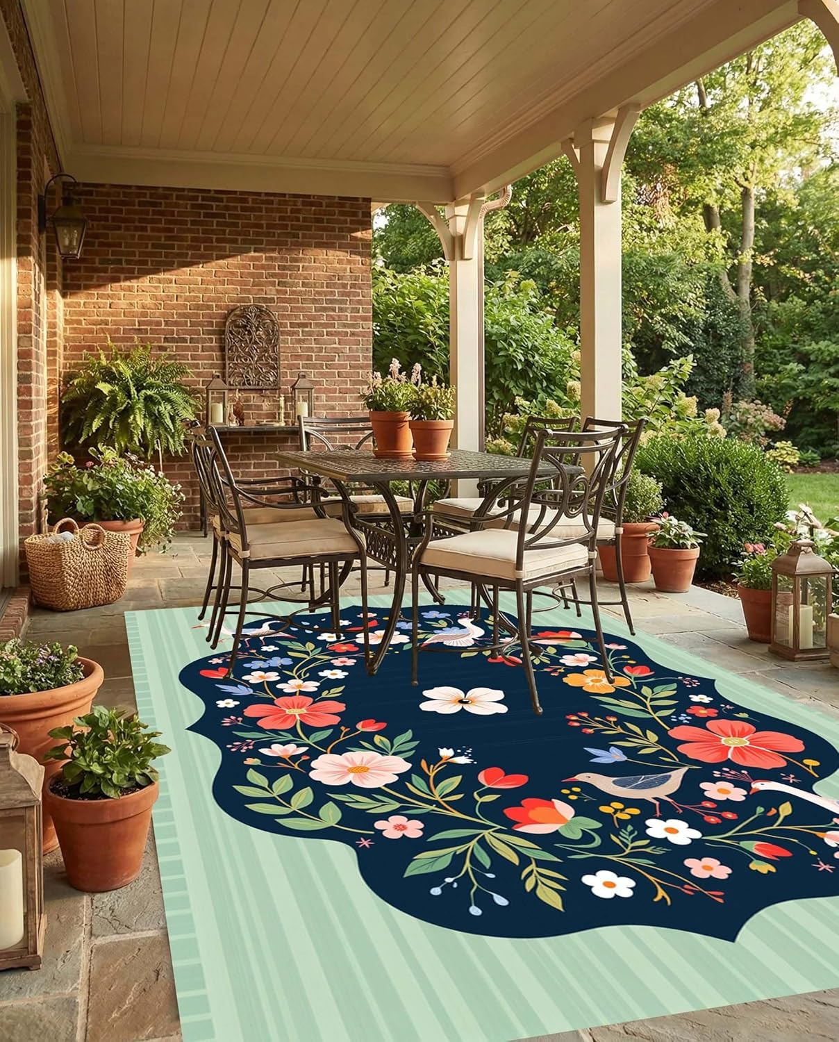 Light Mint Green Navy Red Floral Bird Print Area Rugs for Porch Patio Deck Camping Machine Washable Non Slip Thin Large Rug Front Yard Foyer Entrance Floor Mats Rustic 2x3 Outdoor Waterproof Carpet