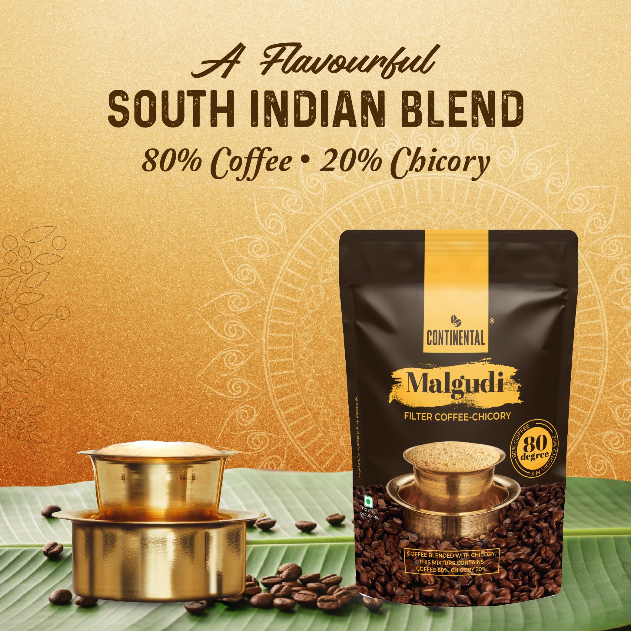 Continental Malgudi Filter Coffee Powder | 500gm Pouch | 80% Coffee - 20% Chicory | Traditional South Indian | Roasted Ground| Smooth Flavour and Rich Aroma | 1