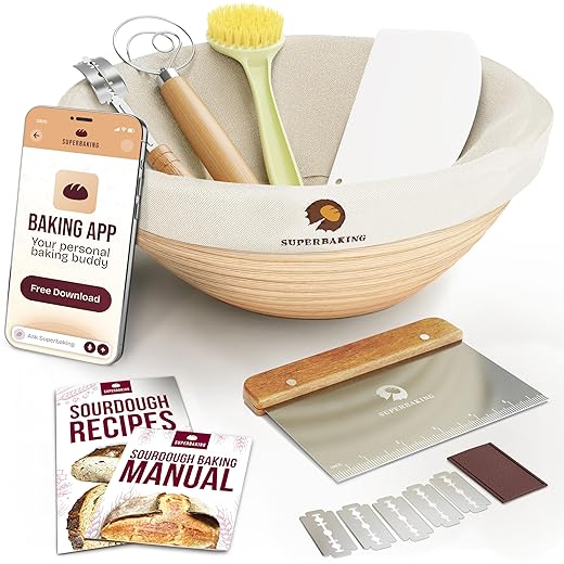 Superbaking Banneton Bread Proofing Basket Set, Round 9" Sourdough Proofing Basket for Bread Making Tools Supplies, Banneton Basket Sourdough Bread Baking Supplies, Artisan Bread Kit, Gifts for Bakers