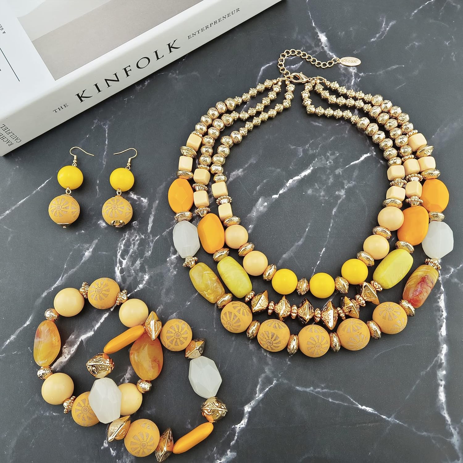 Bocar 3 Layer Chunky Statement Beaded Necklace Earrings Bracelet Set, Fashion Multi Layer Women Collar Necklace Jewelry Set
