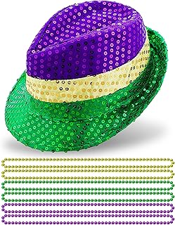 6 Pieces Colorful Bead Necklace and Sequin Fedora Hat, Mardi Gras Costume for Party Decoration