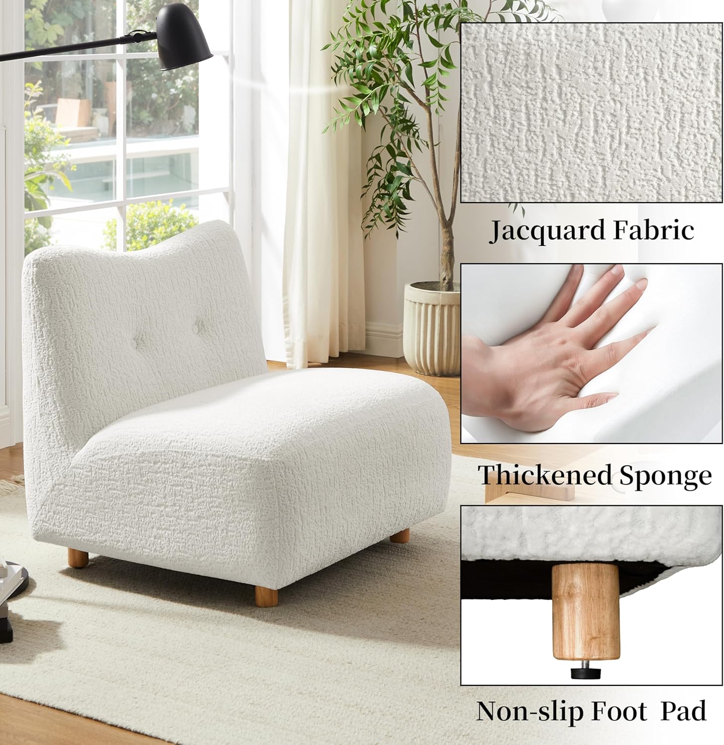 Art Leon Modern Accent Chair - Fabric Modular Sofa Chair Armless Chair with Wooden Legs Set of 2 for Living Room Bedroom White