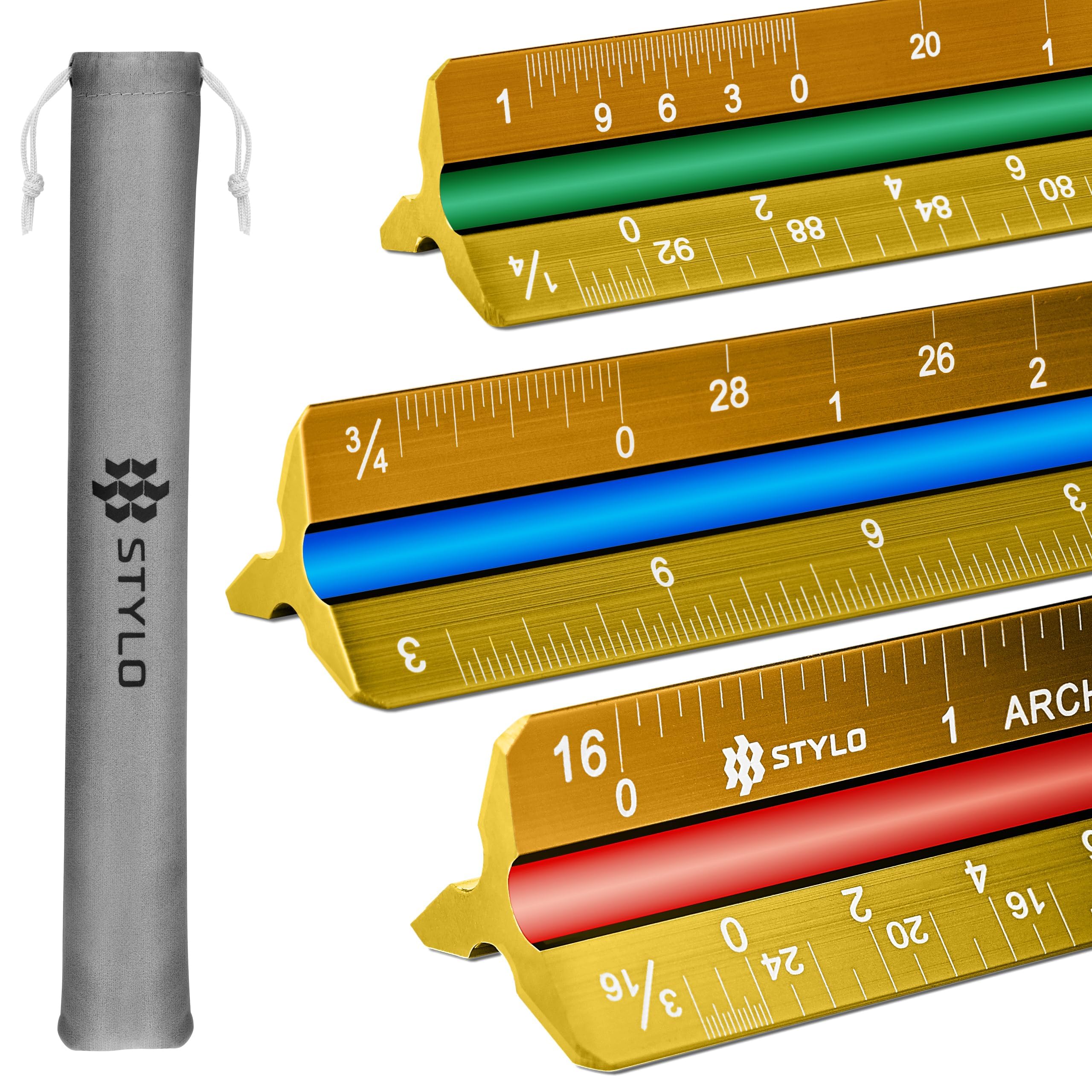 Stylo Yellow Aluminum Architect Scale - 30Cm Laser Etched Triangle Drafting Ruler With Colour Coded Grooves For Blueprint, Drafting - Architectural Scale (, Imperial Units)