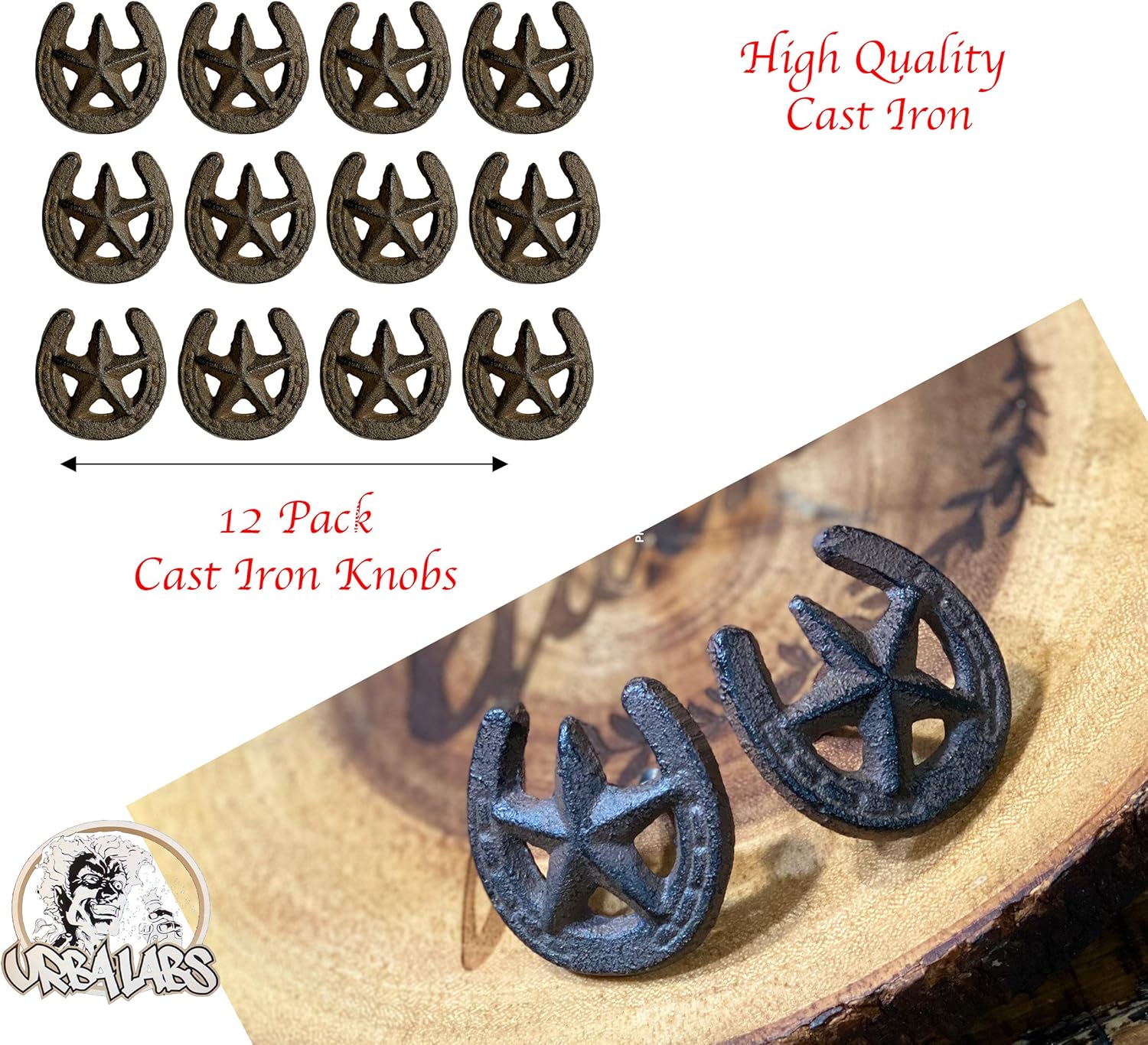 Urbalabs Rustic Western Cast Iron Kitchen Cabinet Knobs – Horseshoe & Star Accents, Set of 12 – Farmhouse Drawer Pulls in Dark Bronze