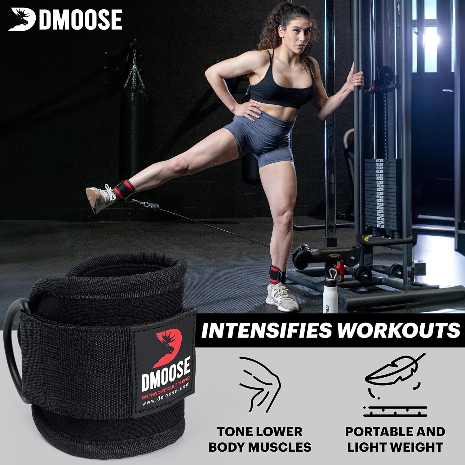 DMoose Ankle Strap for Cable Machine Attachments - Rust Resistant Coated Black D Rings Gym Ankle Cuff for Kickbacks, Glute Workouts, Leg Extensions, Curls, Booty Hip Abductors Exercise for Men & Women
