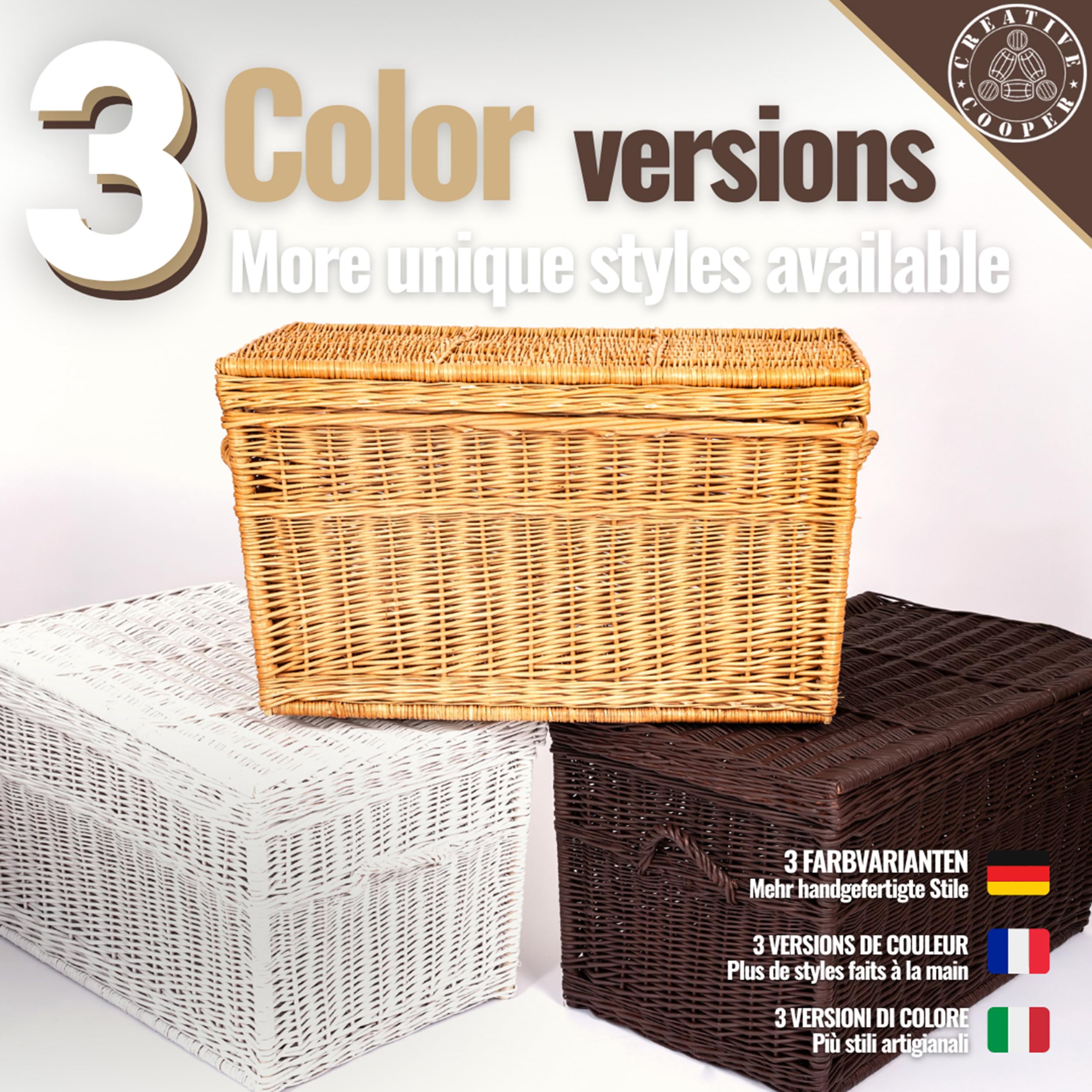 Creative Cooper Handgefertigter Wäsche- & Aufbewahrungskorb aus Weide – Großes Geflochtenes Wicker-Korb 180 L – Deckel, Rustikal, Naturholz, Braun