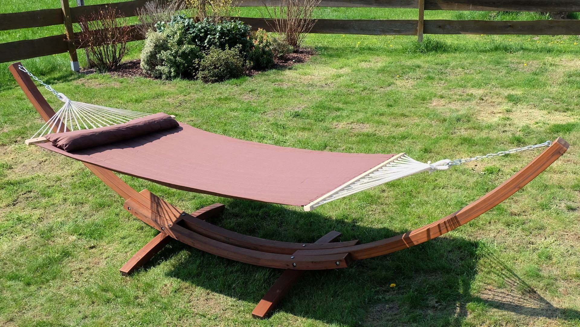 ALEOS. AS-S Stand du hamac mélèze Bois XXL 410 cm de Luxe avec hamac ÉDITION FILL CAFÉ (rembourré) avec Hamac