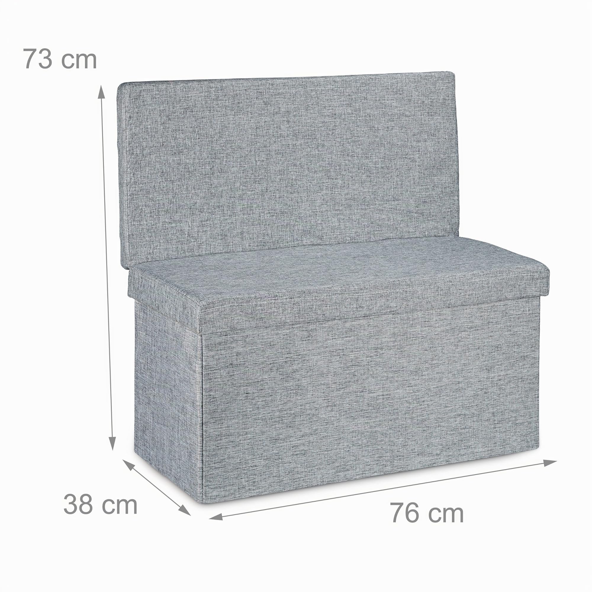 Relaxdays Baúl Almacenamiento, Puff Asiento Almacenaje, Banco con Respaldo, Taburete, Lino, 1 Ud., 73 x 76 x 38 cm, Gris