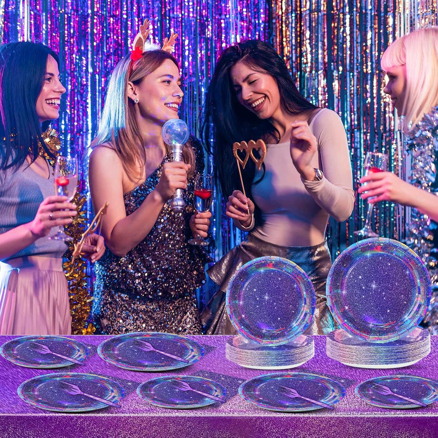100Pcs Purple Glitter Party Decorations Demon Purple Sparkling Holographic Laser Paper Plates Napkins Disposable Tableware Set for Hunters Birthday Wedding Disco Bachelorette Party Supplies Serves 25