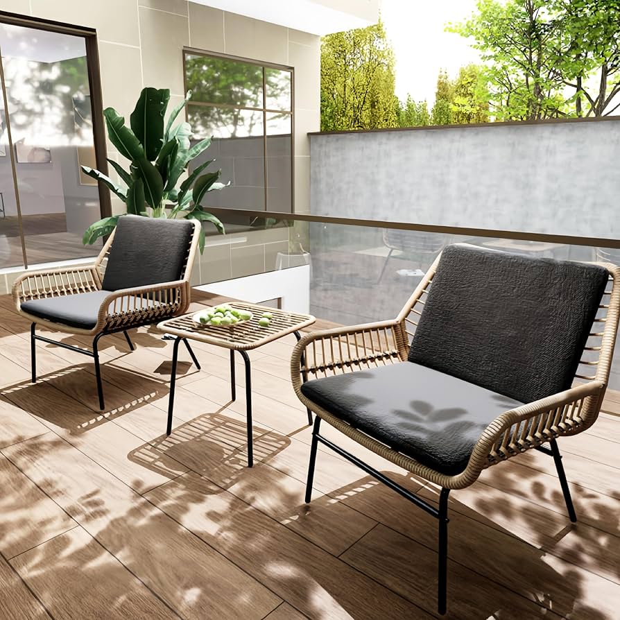 3 Piece Outdoor Furniture Set, Rattan Patio Bistro Sets, Garden Conversation Sets, All-Weather Wicker Chairs with Cushions, for Courtyard Balcony Poolside