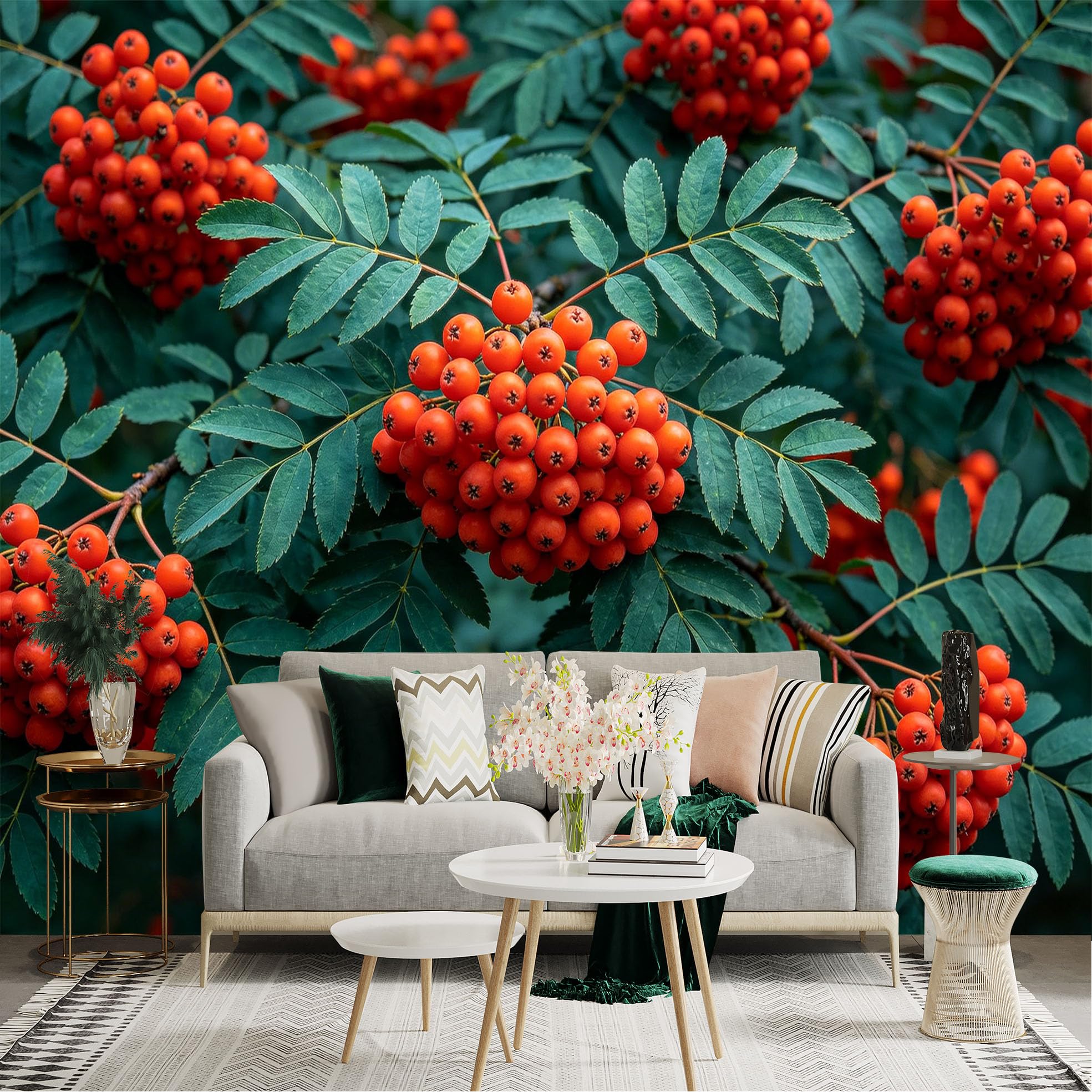 Lnzczhyre Dbh260521223 Custom Size Wall Sticker Mural， Vibrant Orange Rowan Berries， Lush Green Leaves， Autumnal Nature Botanical Pattern， For Wall Decoration， Peelandstick Wall Decals.