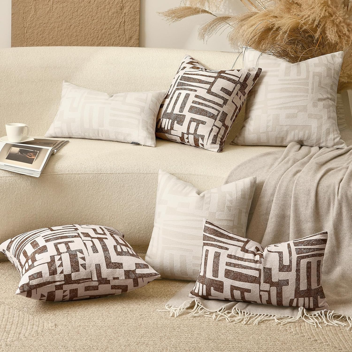 Throw Pillow Cushion Cover 18x18 inches, Double Sided Modern Geometric High Density Jacquard Polyester Pillow Covers for Sofa, Bed, Rattan Chair, Bedroom, Living Room(White)