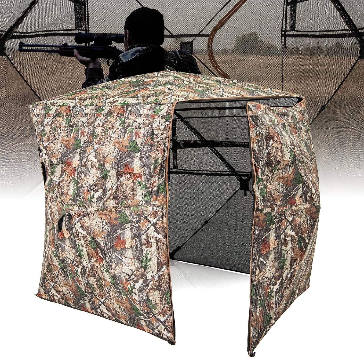 Tangkula 2-3 Person Hunting Blind with Full Open Door, 360 Degree See Through Ground Blind with Silent Slide Windows, Portable Pop UP Deer Blind for Turkey Hunting, Camouflage