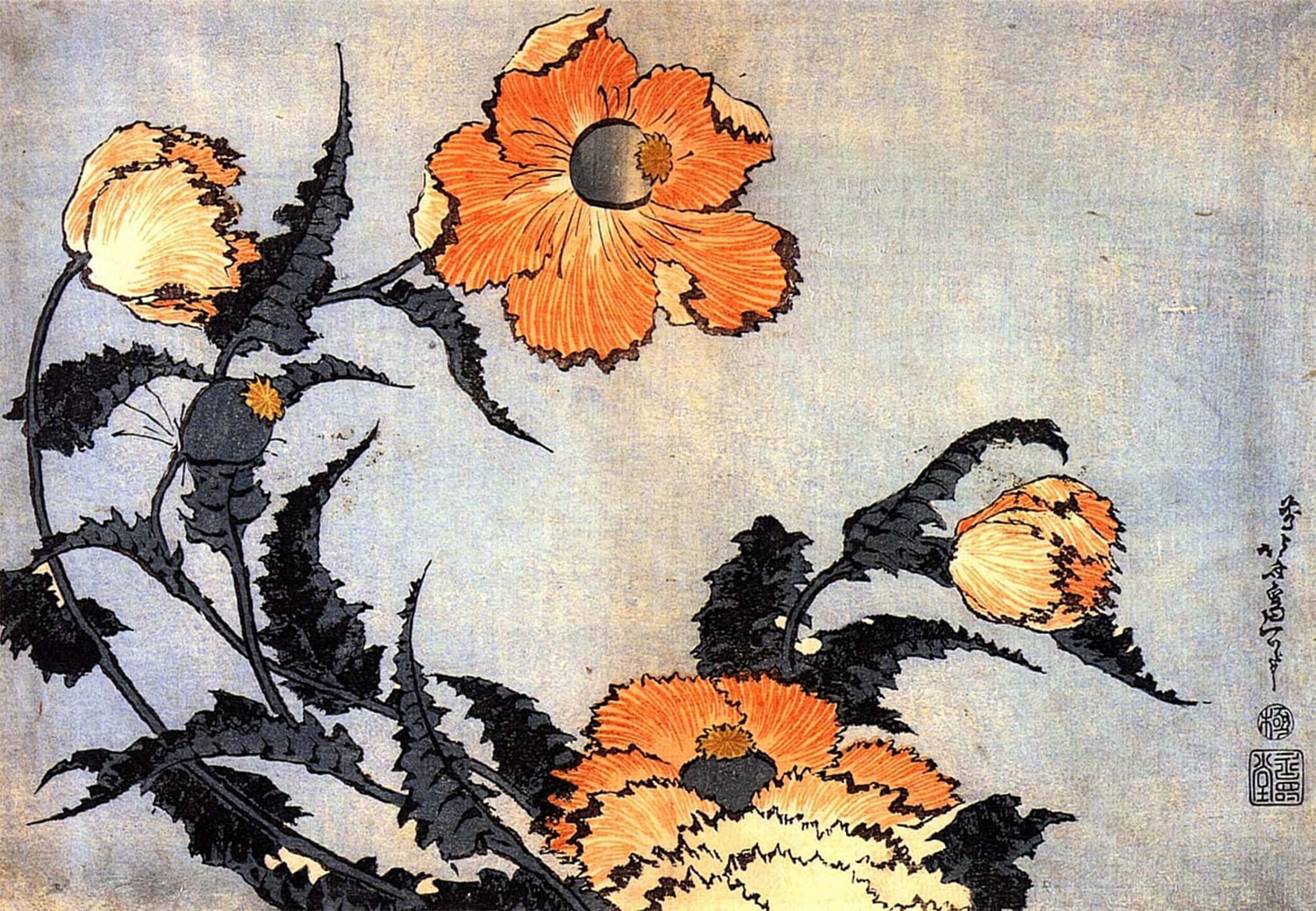 SERENDIPITP Abstract Painting Mural Print Picture Wall Decor Painting Poppies by Katsushika Hokusai Vintage Wall Artwork for Home Decor 60x90cm