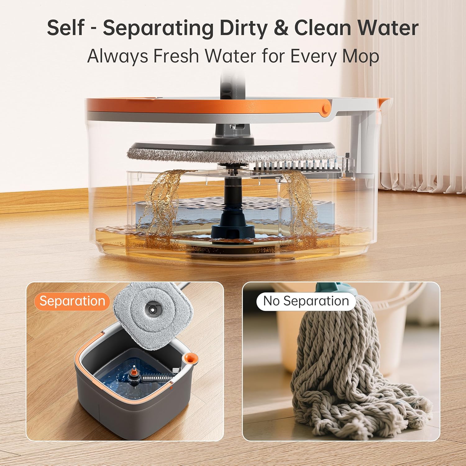 KZKR Spin Mop and Bucket Set with 2 Replaceable Microfiber Mop Pads with Self Separation Dirty and Clean Water System, Self Wringing 360° Rotating Square Mop Head for Hardwood Tile Marble Floors
