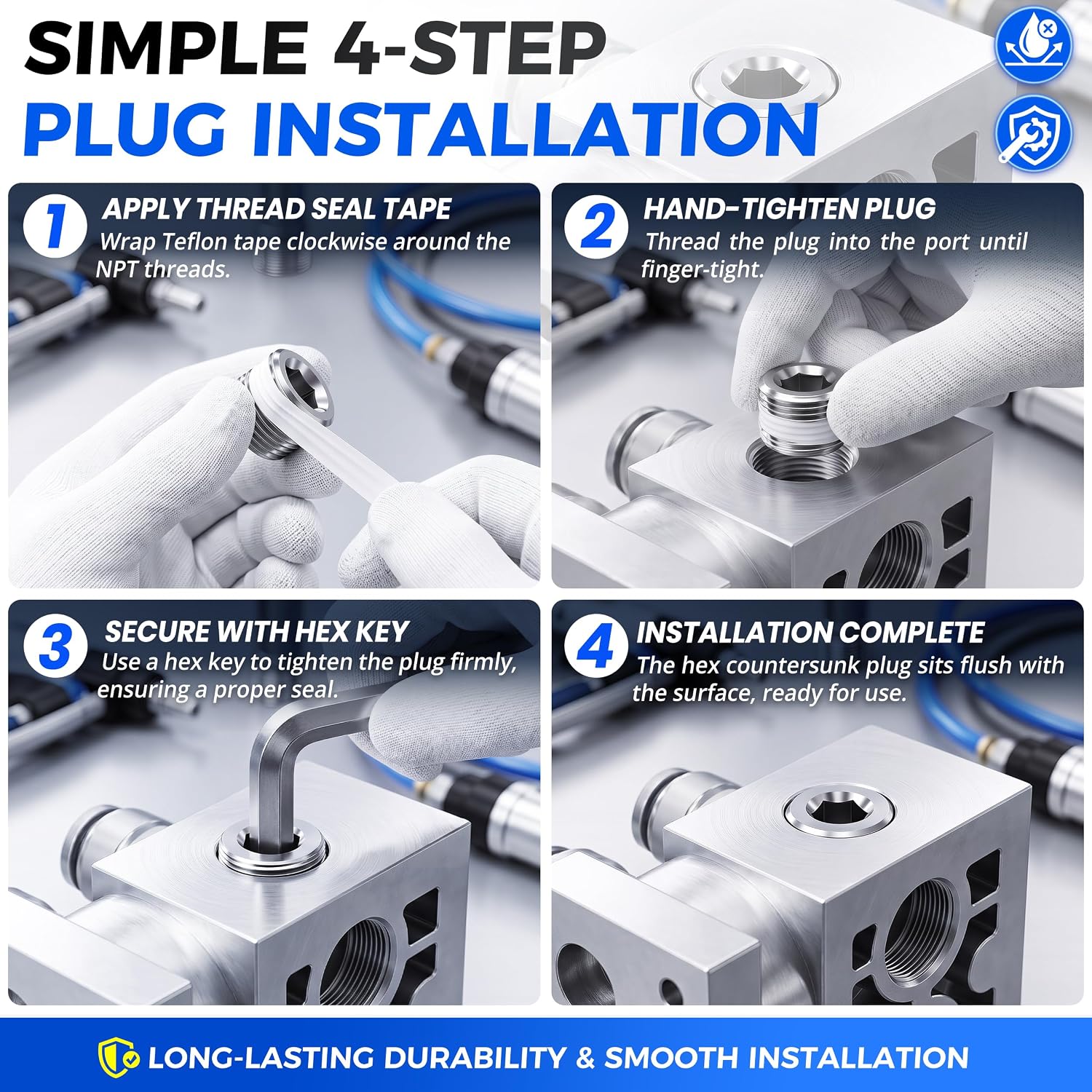 TAILONZ PNEUMATIC 3PCS 1/4 Inch NPT Male 304 Stainless Steel Pipe Fitting, Hex Counter Sunk Plug