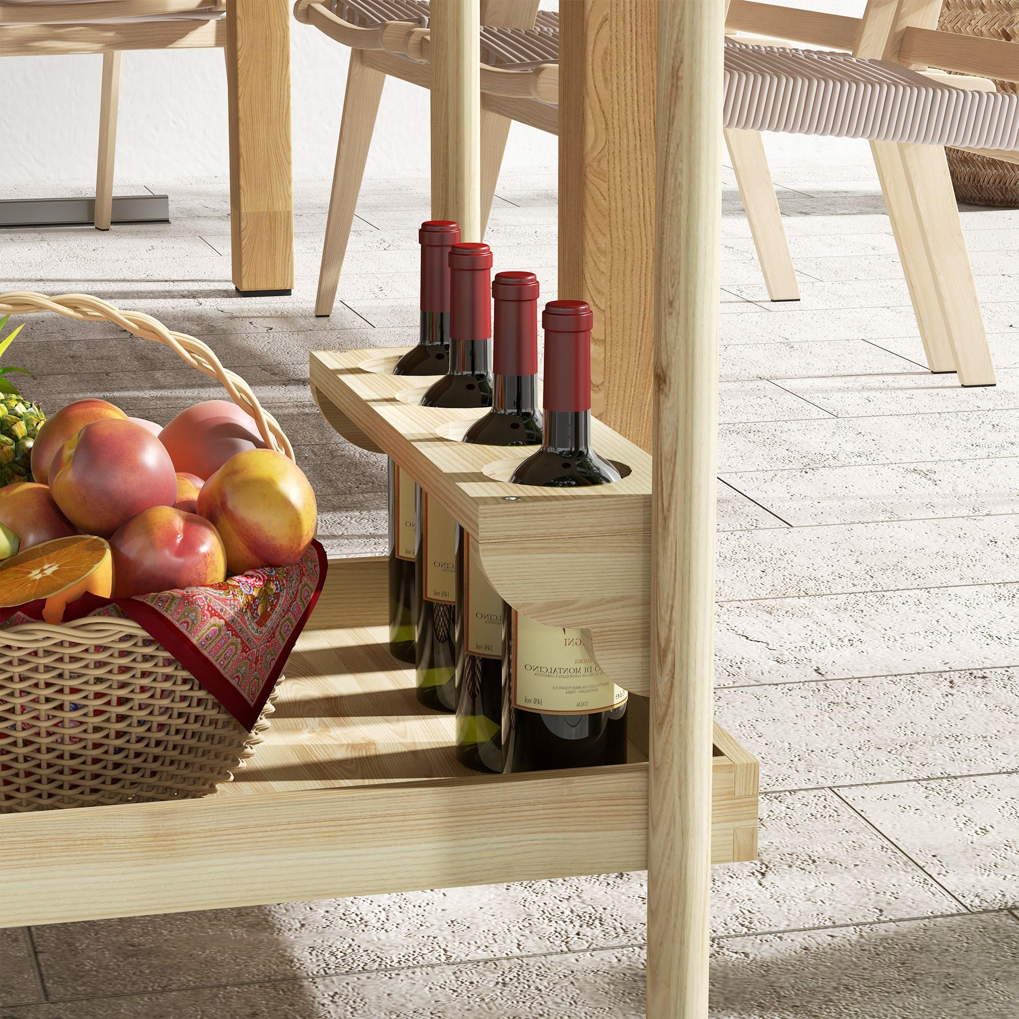 Outsunny Camarera con Ruedas de Madera Carro de Servicio con 2 Estantes 4 Portavasos y Mango para Jardín Terraza Patio 78x58,5x75 cm Natural