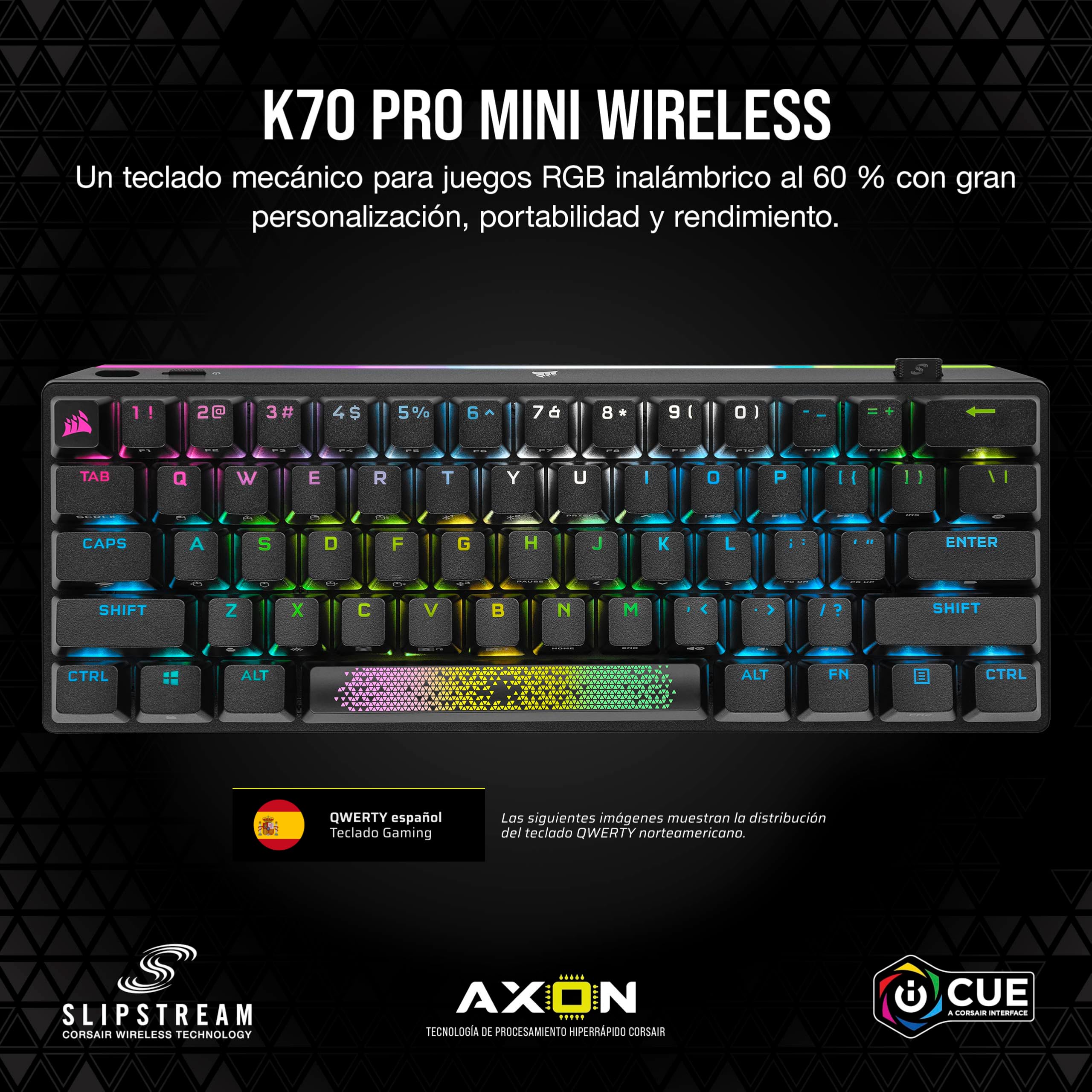 Corsair K70 Pro Mini Wireless 60% Teclado mecánico para Juegos con Teclas de policarbonato (Interruptores de Teclas Cherry MX Red, Retroiluminación LED RGB, Resistente Estructura de Aluminio) Negro
