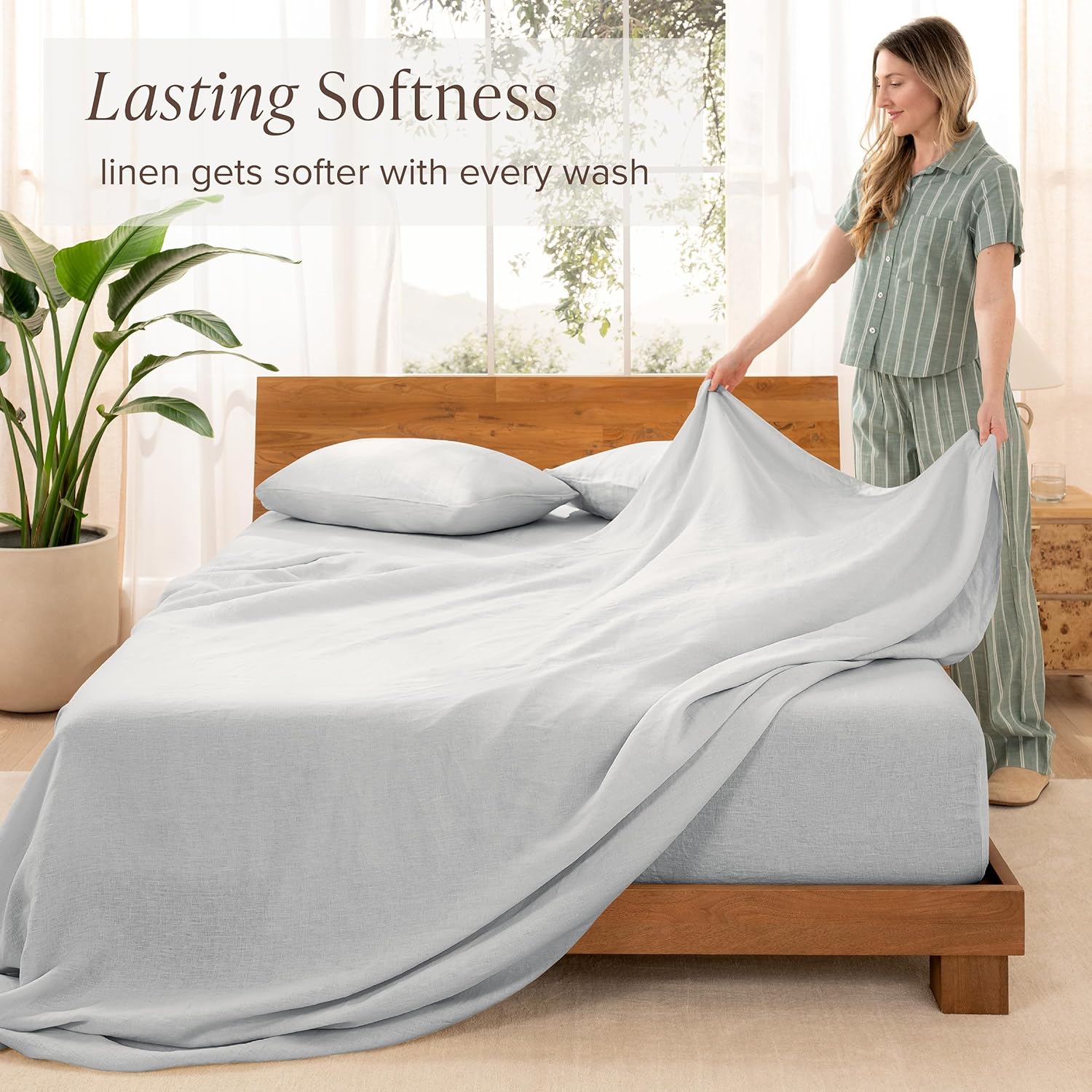 Bare Home Split King Sheet Set - Luxury 100% Linen Bed Sheets - Deep Pockets - Easy Fit - 5 Piece Set - Bedding Sheets & Pillowcases (Split King, Glacier Grey)