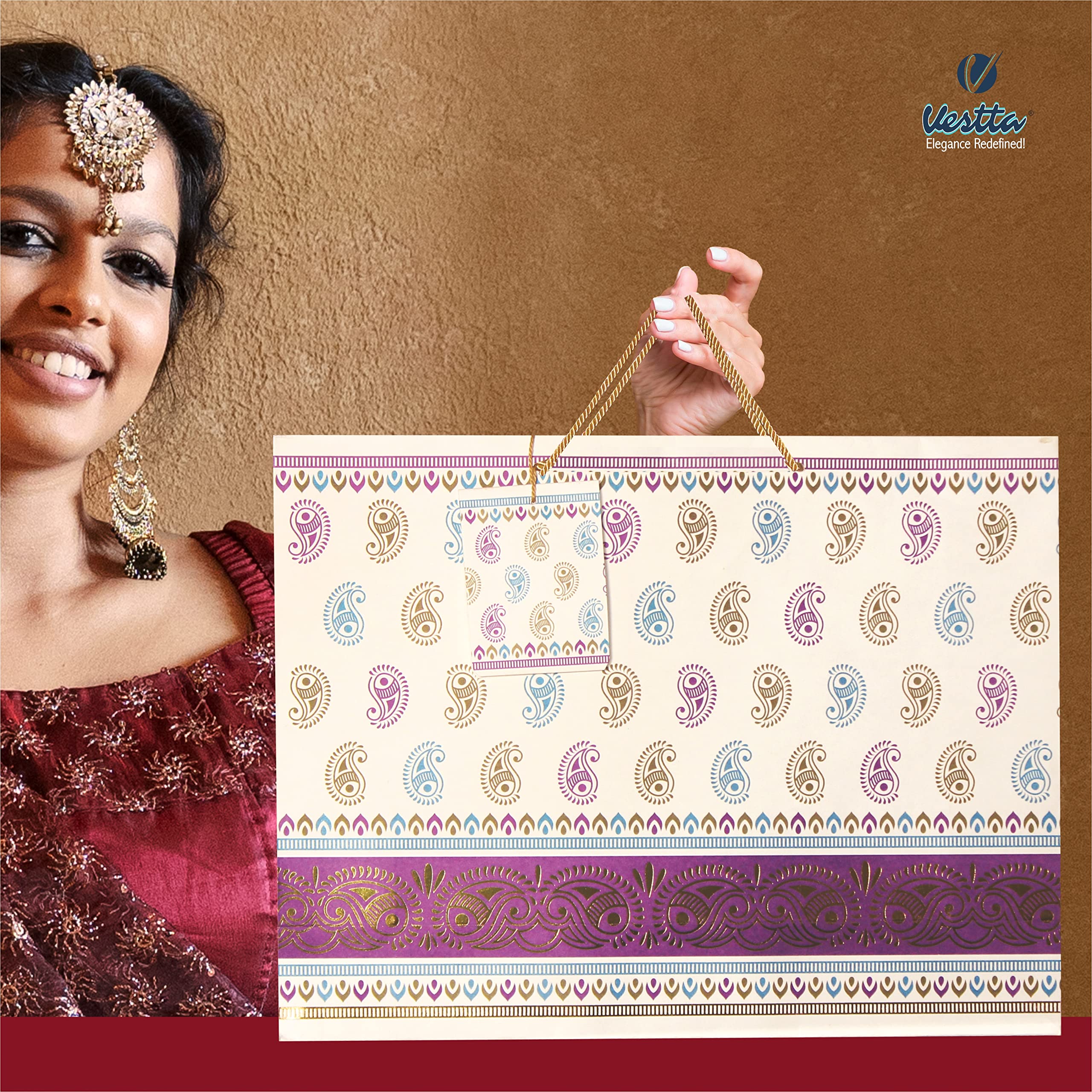 VESTTA -ELEGANCE REDEFINED, Gifts Bags, Extra Large, 17 (L) x 5 (B) x 13 (H) Inches, Pack of 10, Traditional Paisley Golden Border, Matt Finish, for Weddings, Diwali with Gift Tags (Purple) 4