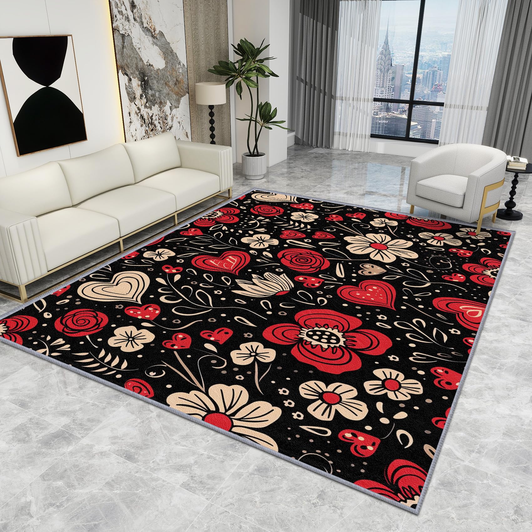 Floral Rugs for Living Room - Floral Rug - Vintage Abstract Flower Love Heart Rugs, Botanical Carpet, Washable Rug Non Slip Low Pile Soft Small Area Rugs, Floral Home Decor Gifts, 60 X 90 cm
