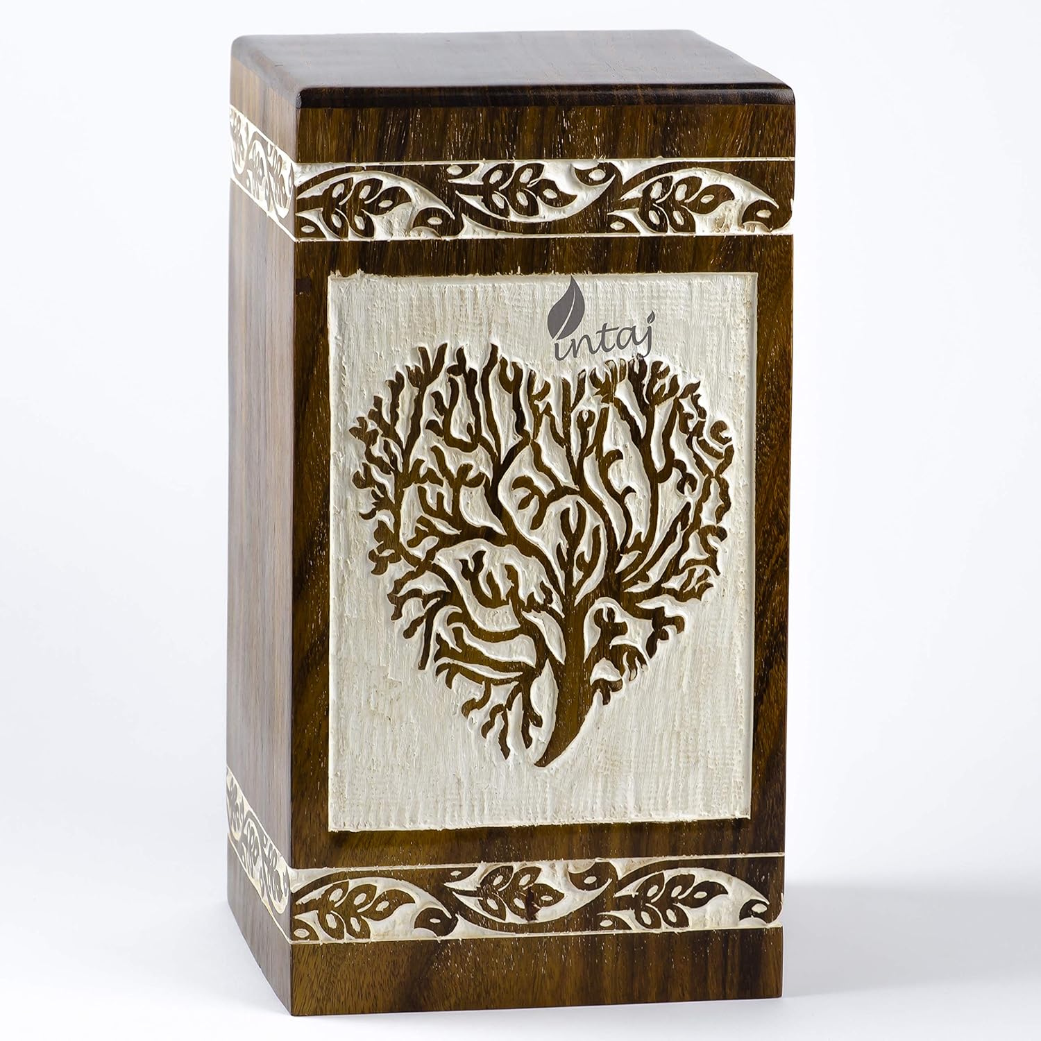 INTAJ Handmade Rosewood Urn for Human Ashes | Tree of Life Wooden Urns Hand-Crafted - Funeral Cremation Urn for Ashes (Antique Heart Tree, Medium - 150 Cu/in)